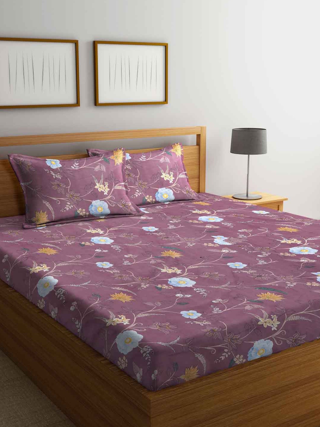 

FABINALIV Purple & Blue Floral Printed 300 TC Fitted King Bedsheet & 2 Pillow Covers
