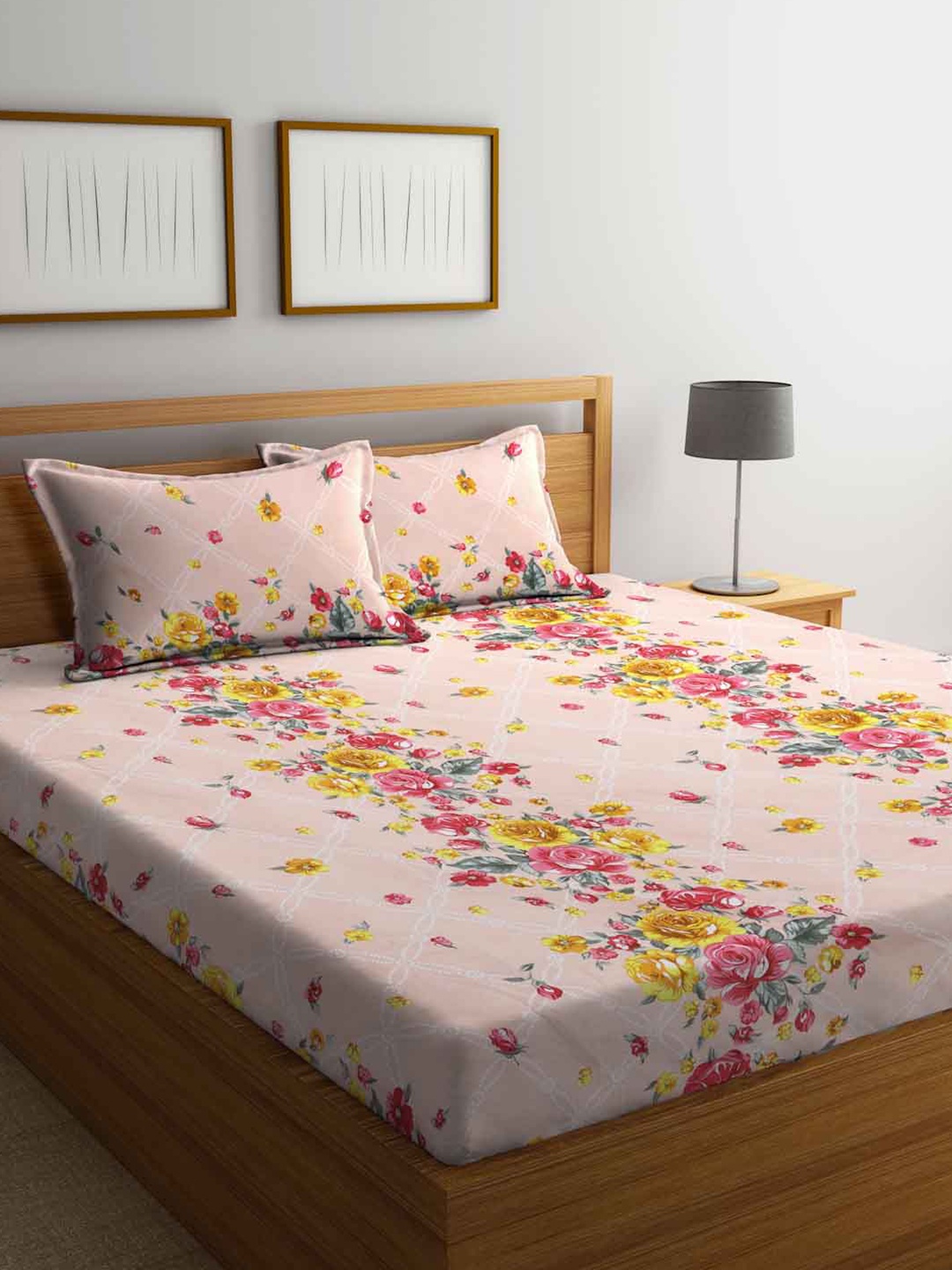 

FABINALIV Peach-Coloured & Red Floral 300 TC Fitted King Bedsheet With 2 Pillow Covers