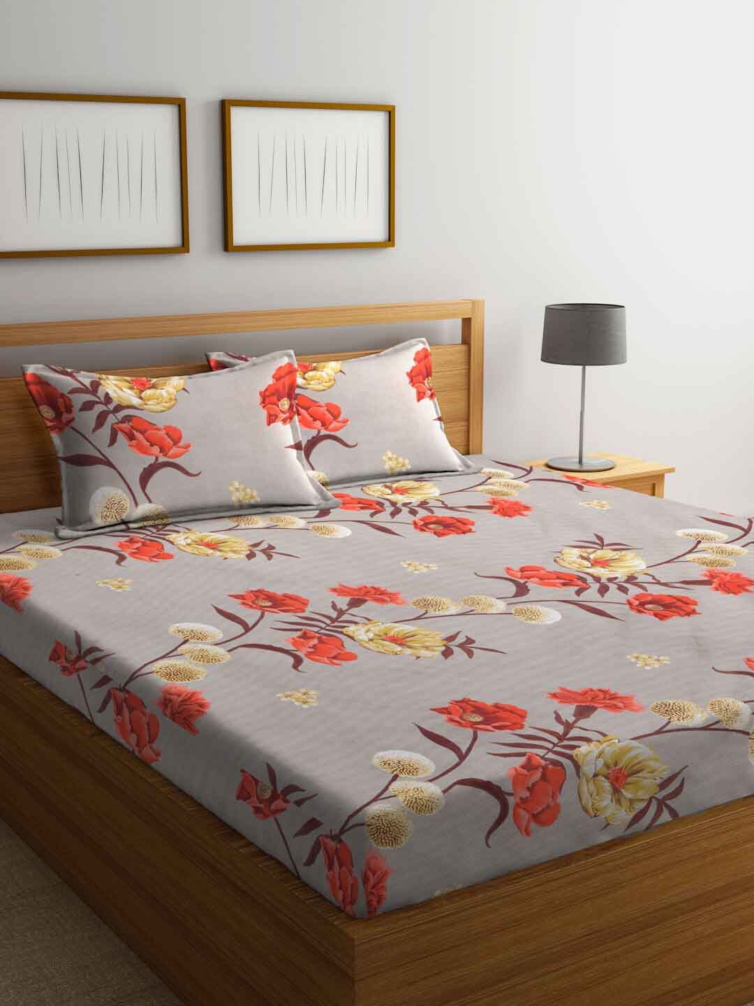 

FABINALIV Beige & Red Floral Printed 300 TC Fitted King Bedsheet & 2 Pillow Covers