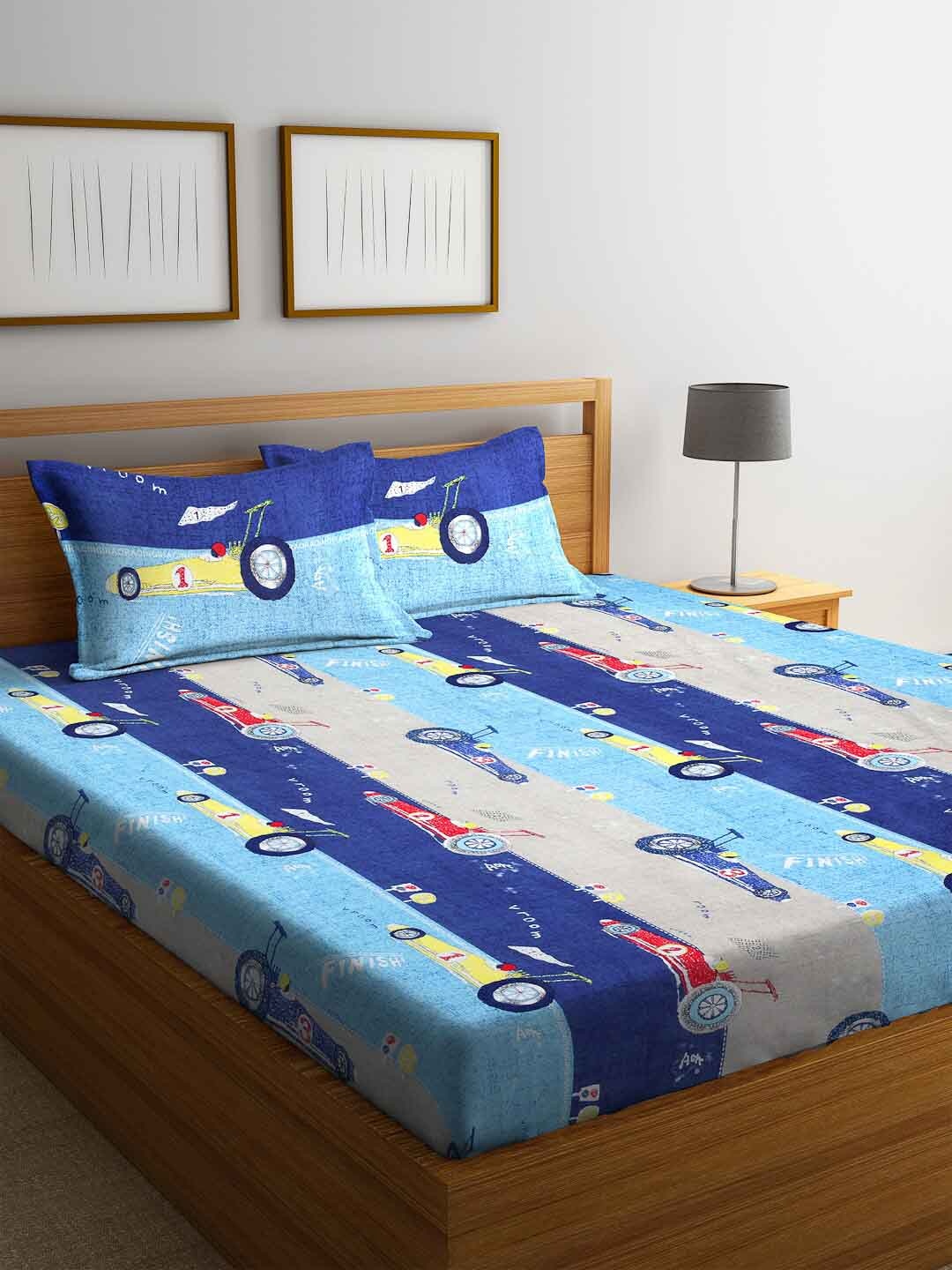 

FABINALIV Blue & Grey Cartoon Print 300 TC Fitted King Bedsheet & 2 Pillow Covers