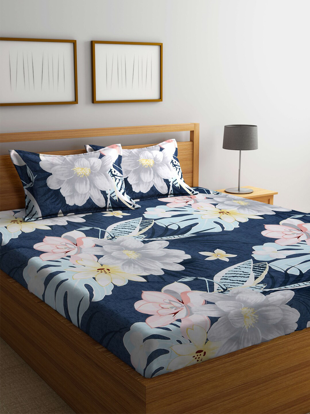 

FABINALIV Blue & White Floral Printed 300 TC Fitted King Bedsheet & 2 Pillow Covers