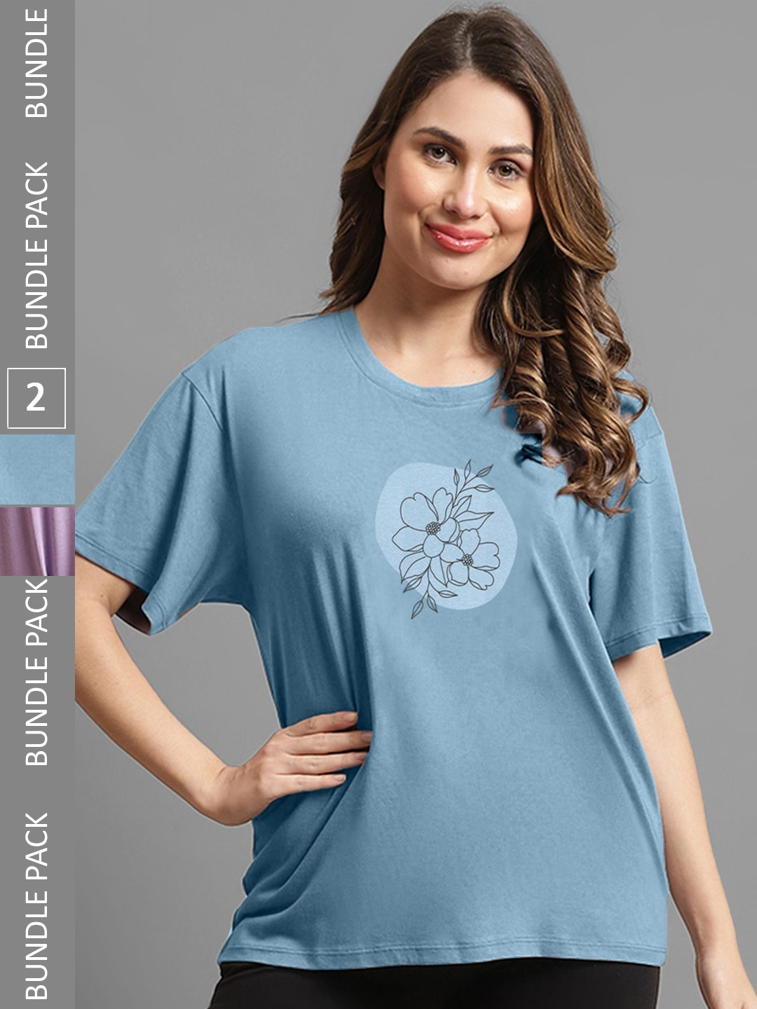 

Kanvin Pack of 2 Violet & Blue Floral Printed Oversized Fit T-shirts