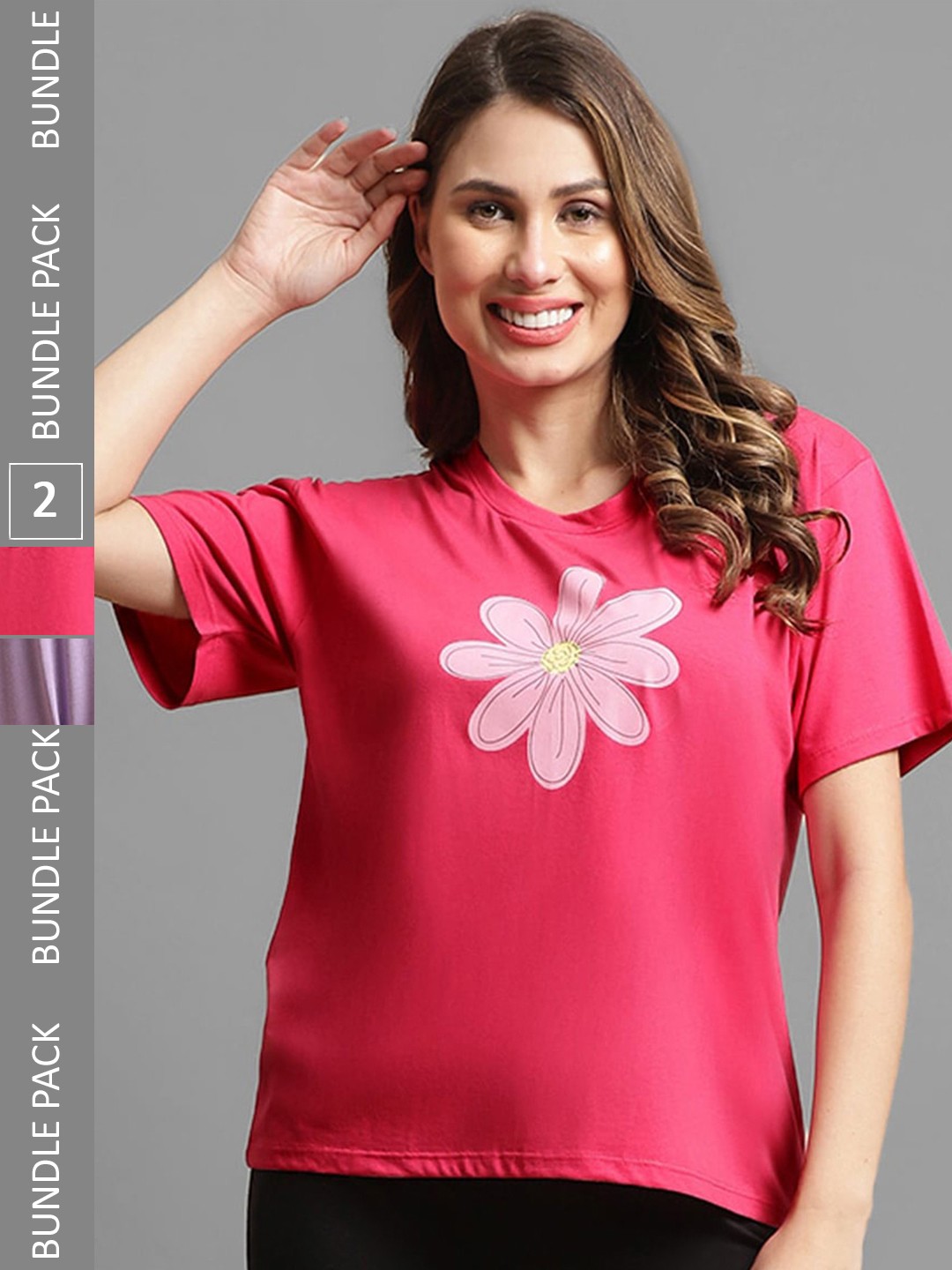 

Kanvin Pack Of 2 Pink & Lavender Floral Printed Oversized T-Shirt