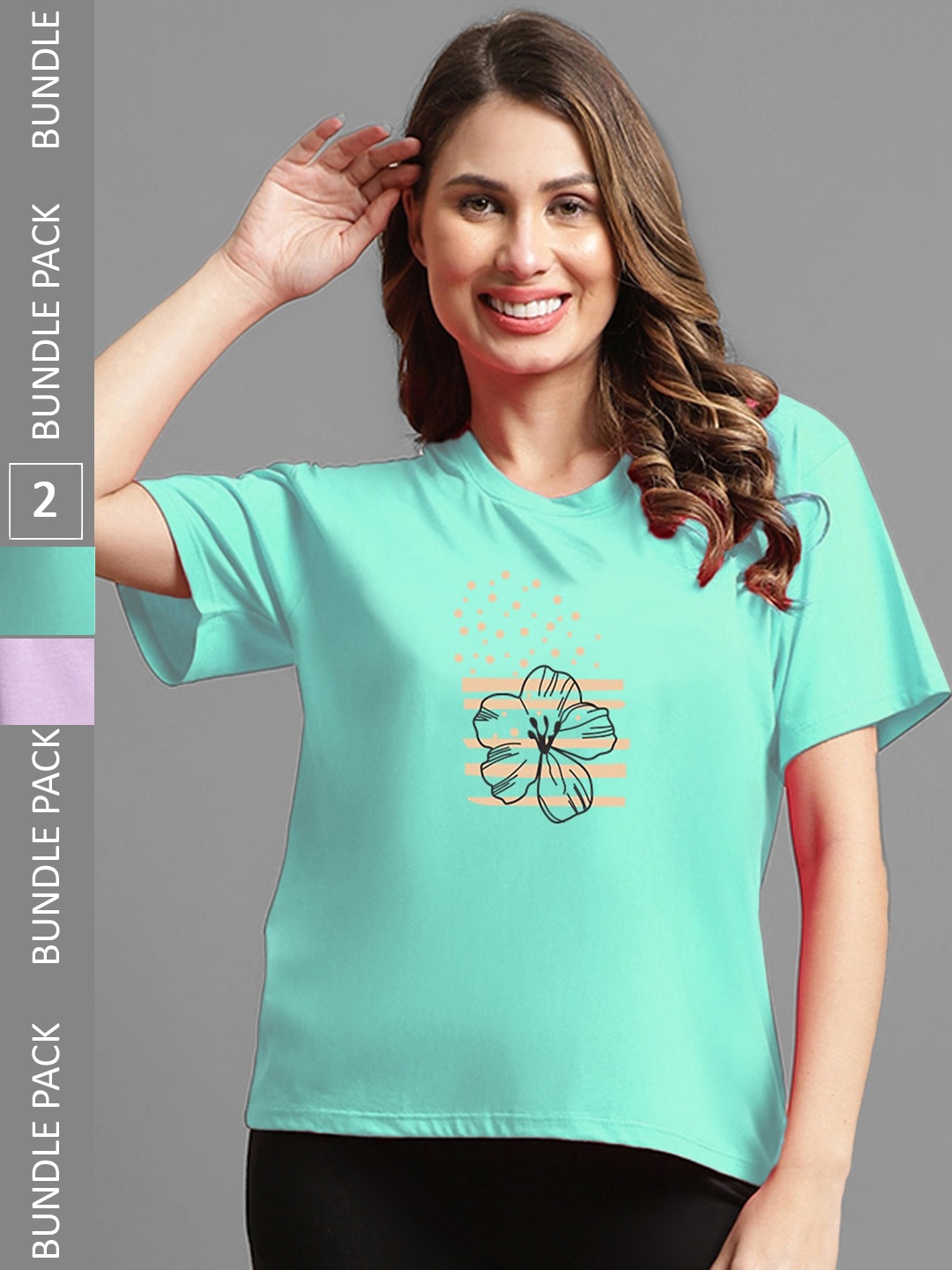 

Kanvin Pack of 2 Violet & Green Floral Printed Oversized Fit T-shirts