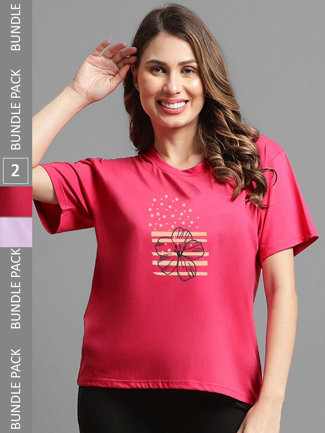 

Kanvin Pack of 2 Violet & Red Floral Printed Oversized Fit T-shirts