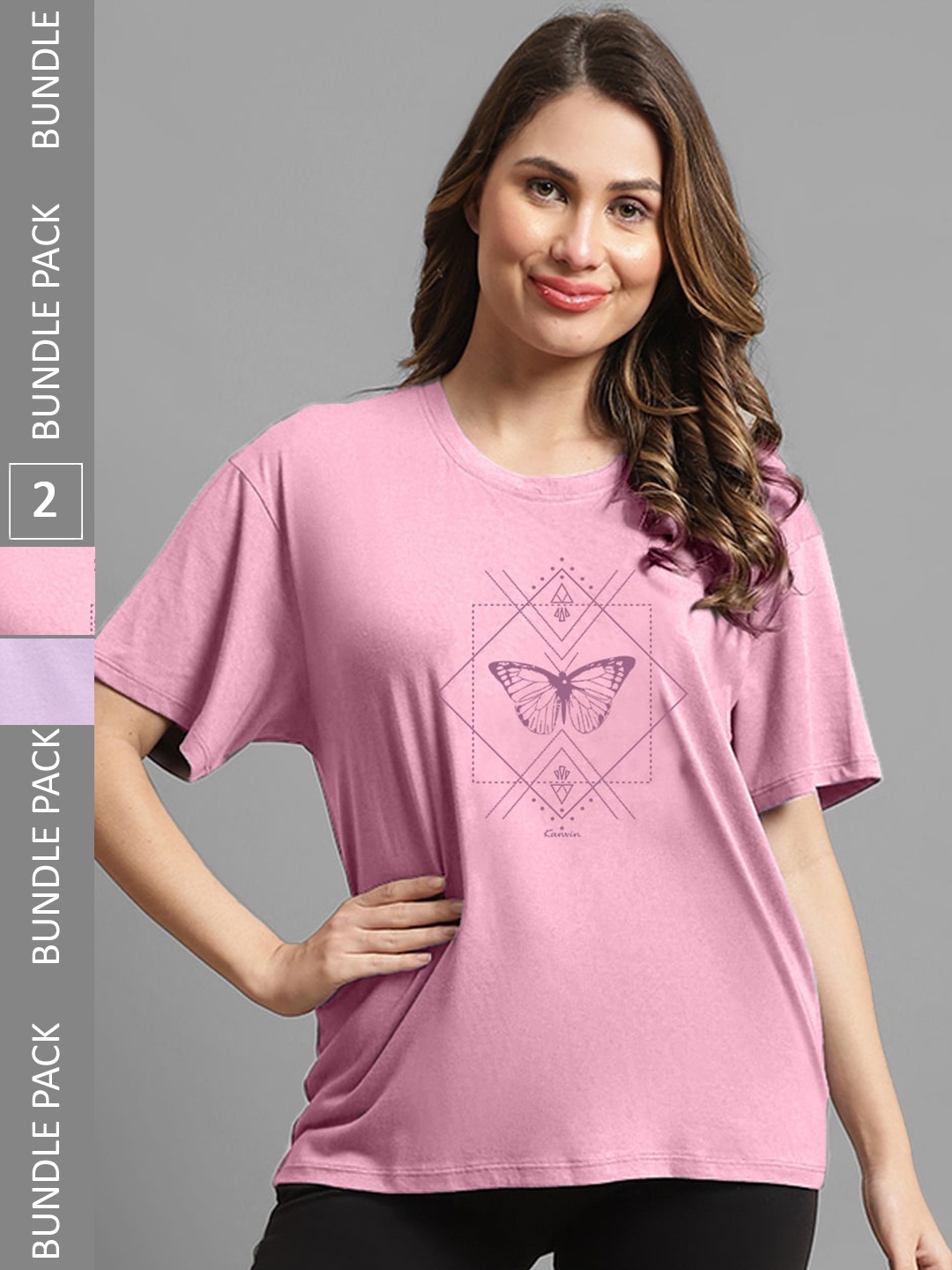 

Kanvin Pack of 2 Violet & Pink Printed Oversized Fit T-shirts