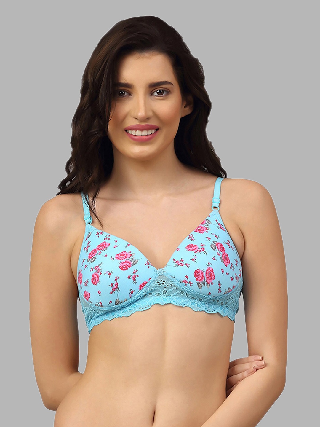 

AROUSY Pack Of 2 Floral Printed Seamless Non-Padded Organic Cotton Lace Bra, Blue