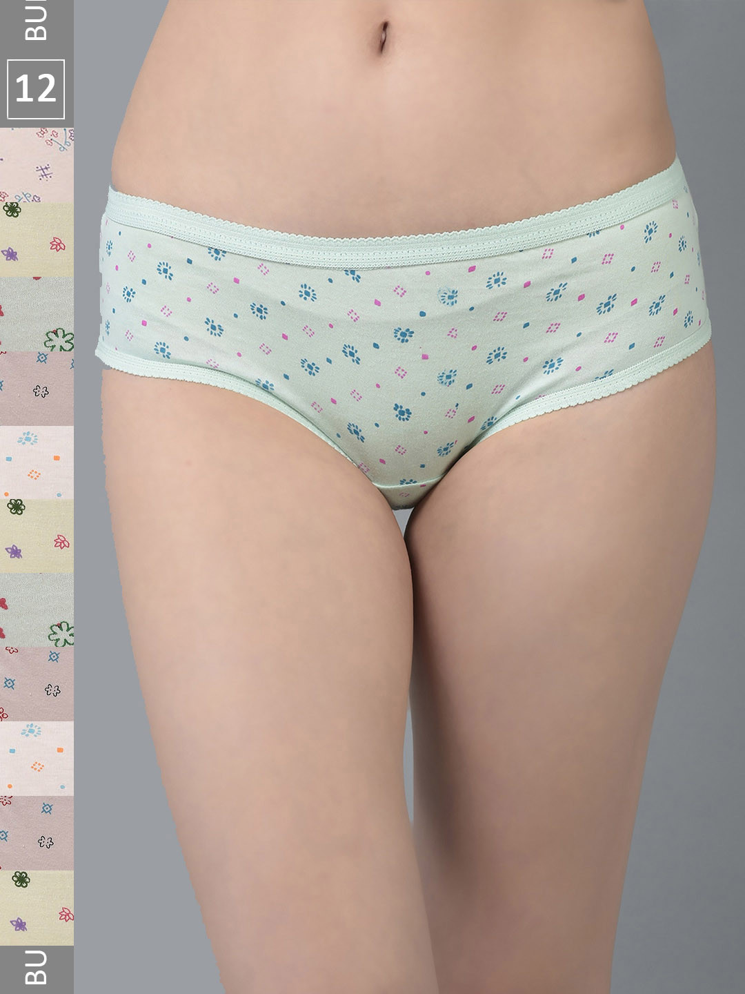 

Dollar Missy Pack of 12 Combed Cotton Light Printed Outer Elasticated Hipster Panty, Assorted