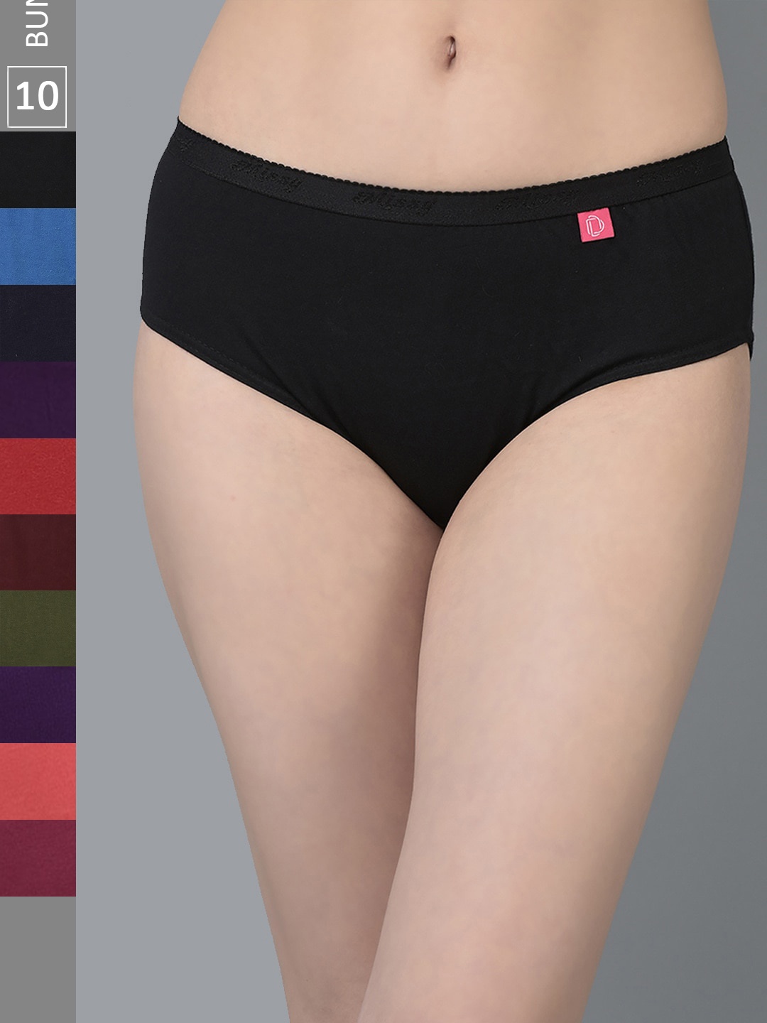 

Dollar Missy Pack of 10 Combed Cotton Solid Outer Elasticated Hipster Panty, Assorted