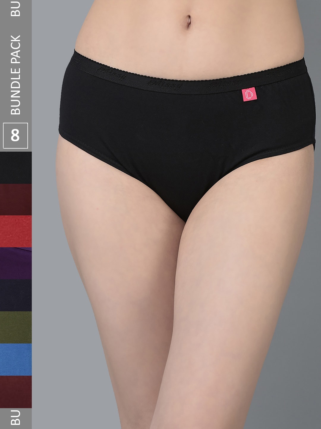 

Dollar Missy Pack of 8 Women Combed Cotton Solid Outer Elasticated Hipster Panty, Assorted