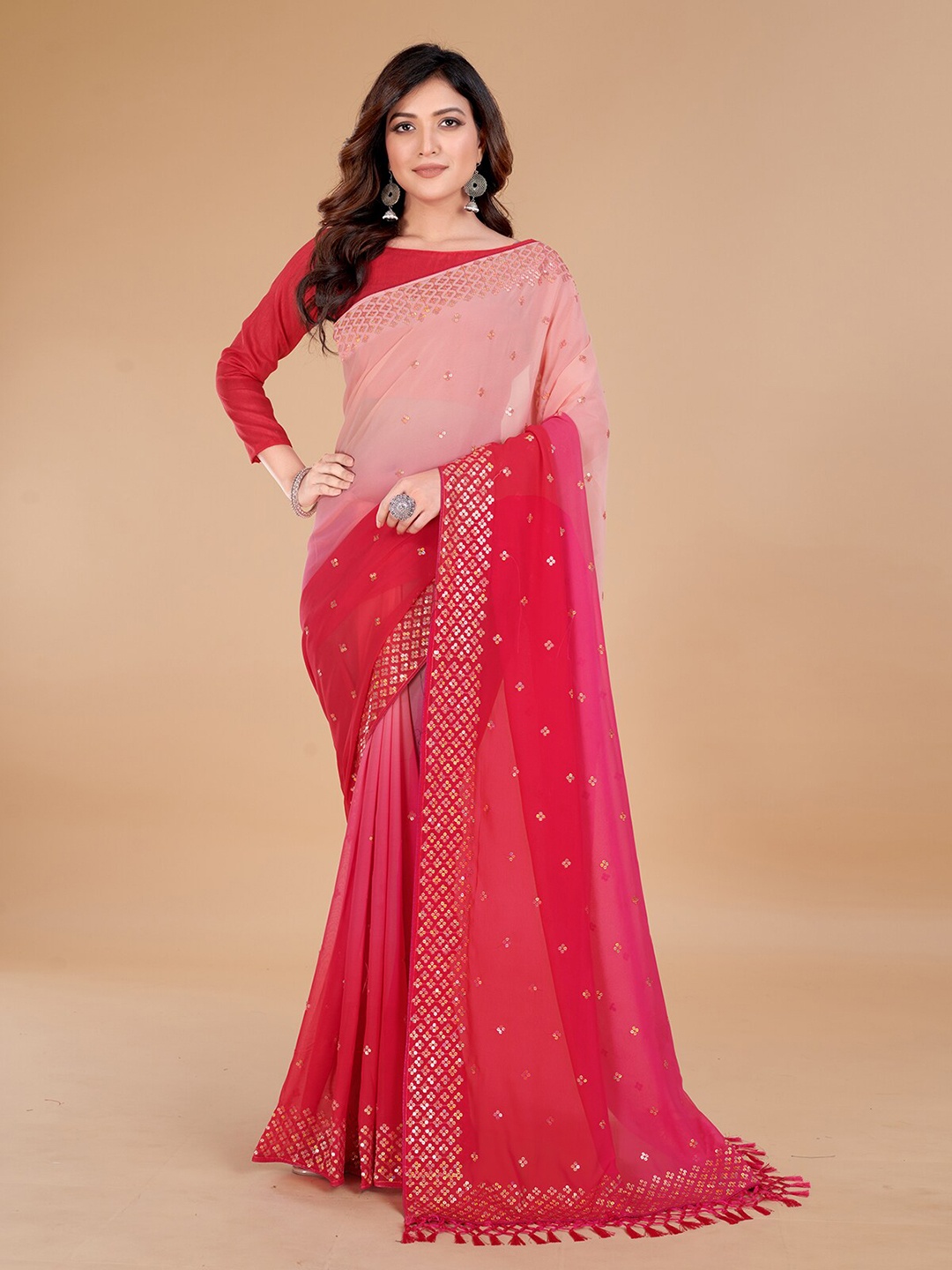 

KALINI Embellished Sequinned Pure Georgette Saree With Tassle, Pink