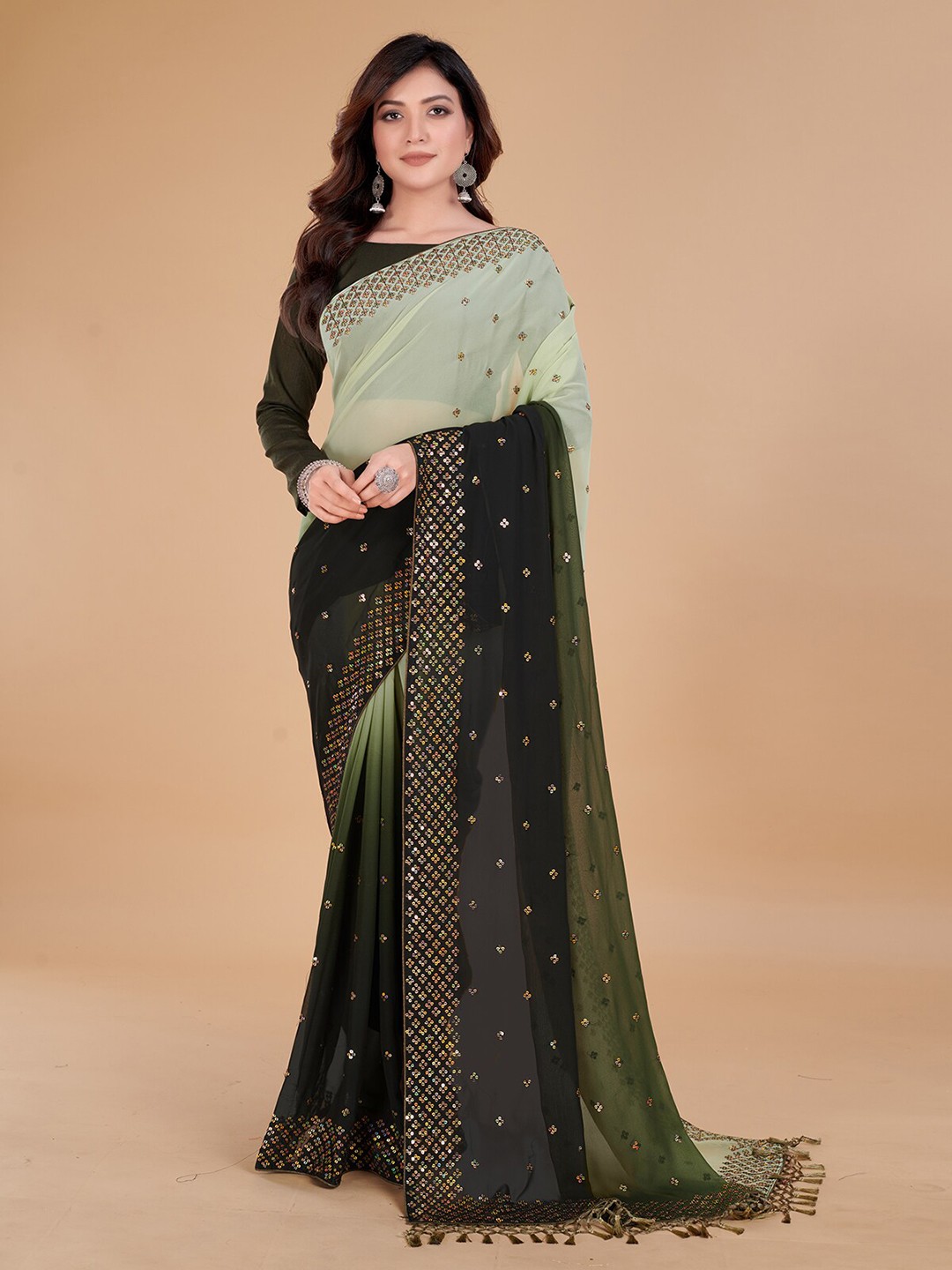 

KALINI Embellished Sequinned Pure Georgette Saree With Tassle, Green