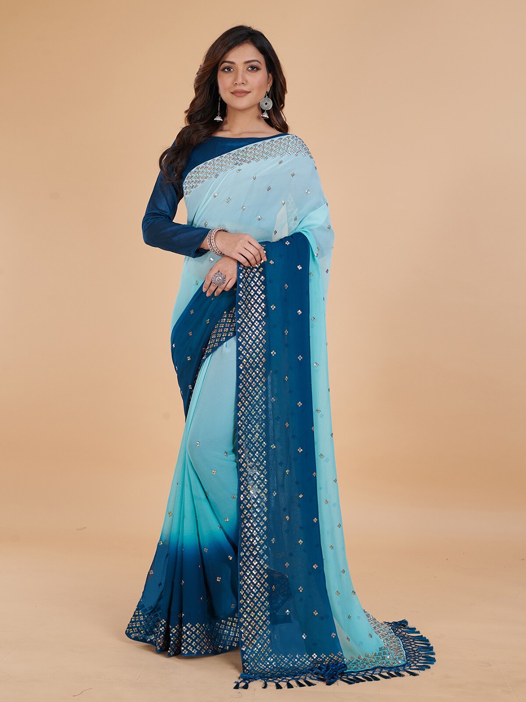 

KALINI Embellished Sequinned Pure Georgette Saree With Tassle, Teal