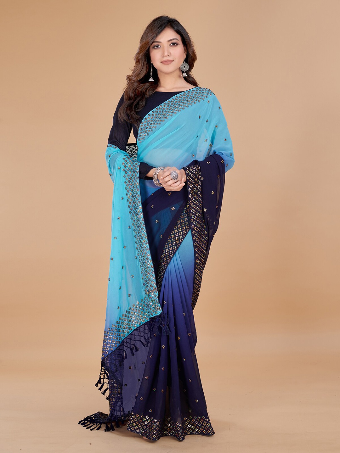 

KALINI Embellished Sequinned Pure Georgette Saree With Tassle, Blue
