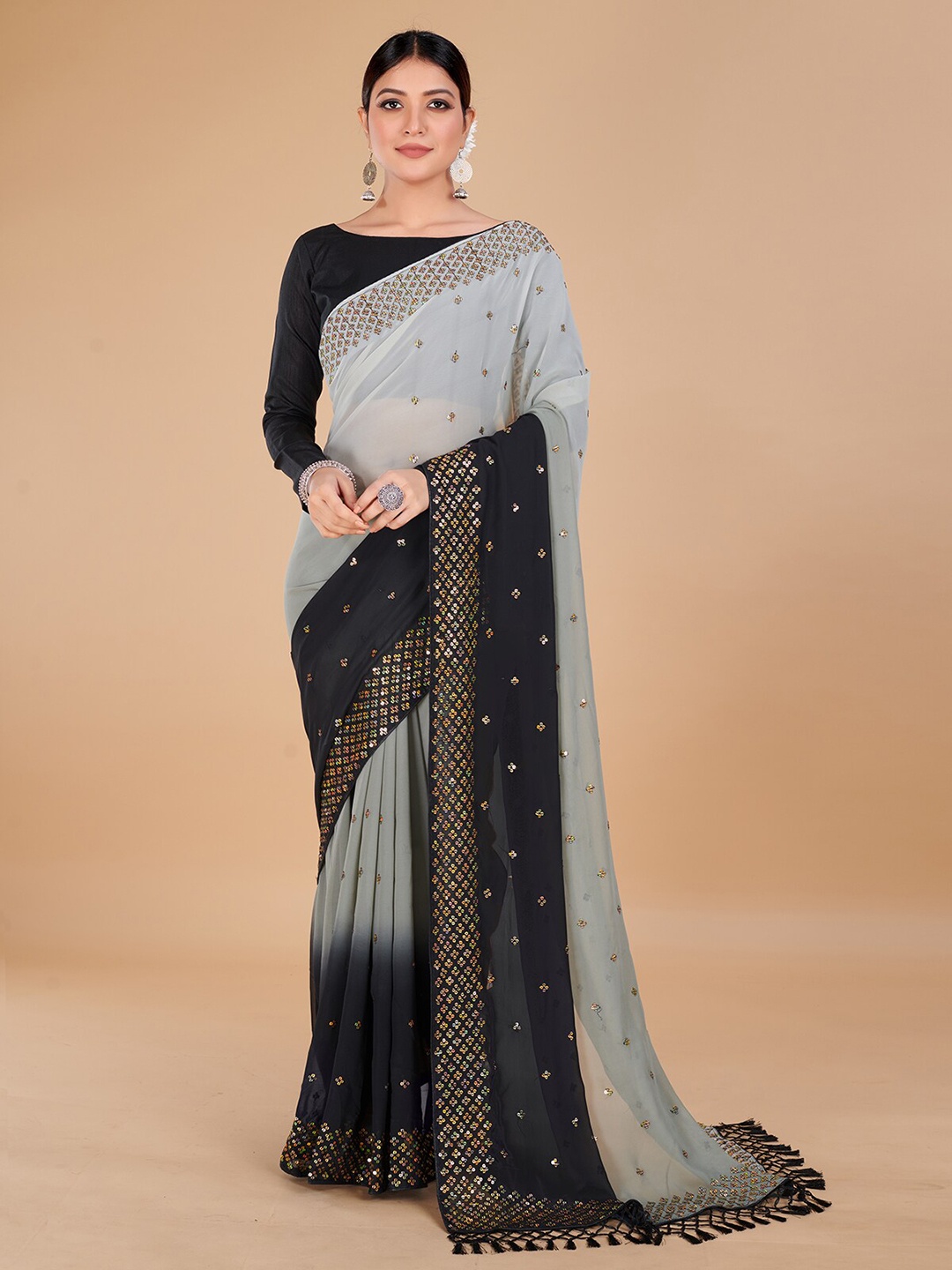 

KALINI Embellished Sequinned Pure Georgette Saree With Tassle, Grey