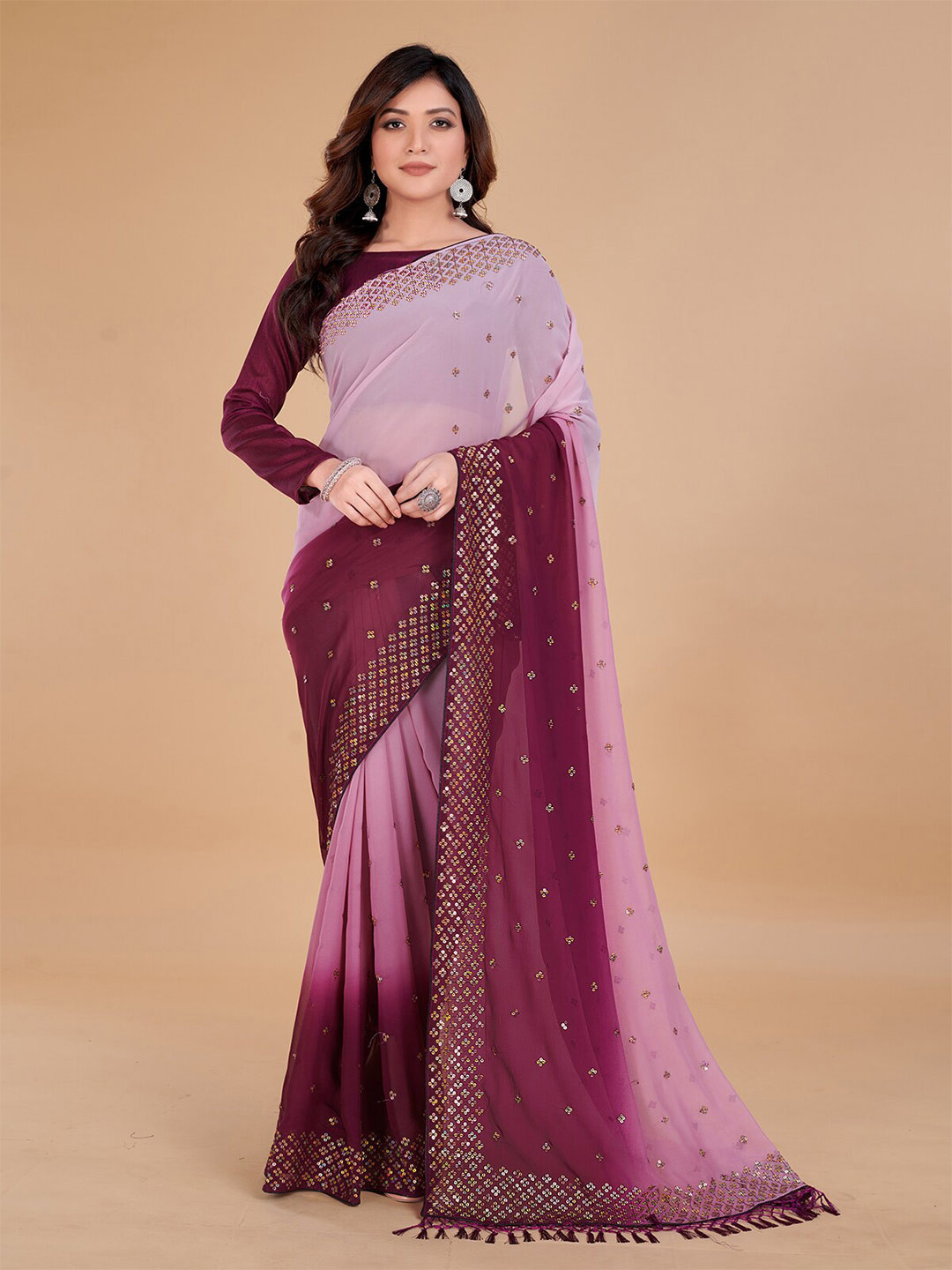 

KALINI Embellished Sequinned Pure Georgette Saree With Tassle, Pink