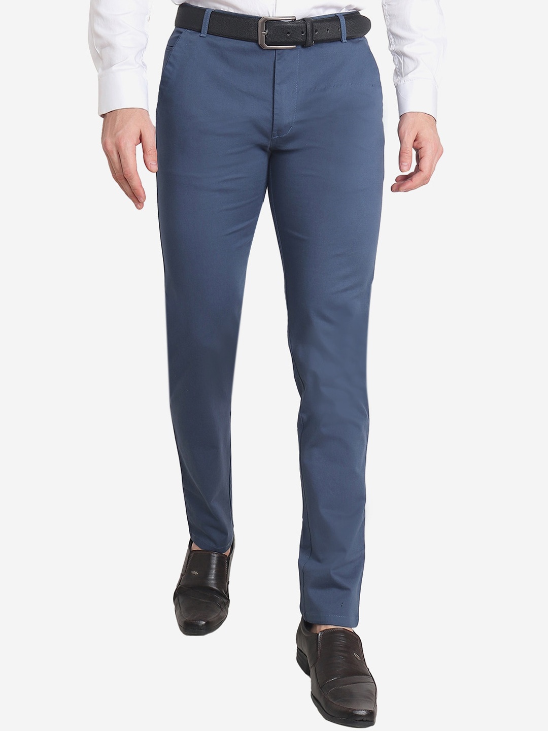 

POP CULTURE Men Mid-Rise Slim Fit Easy Wash Cotton Formal Trousers, Blue