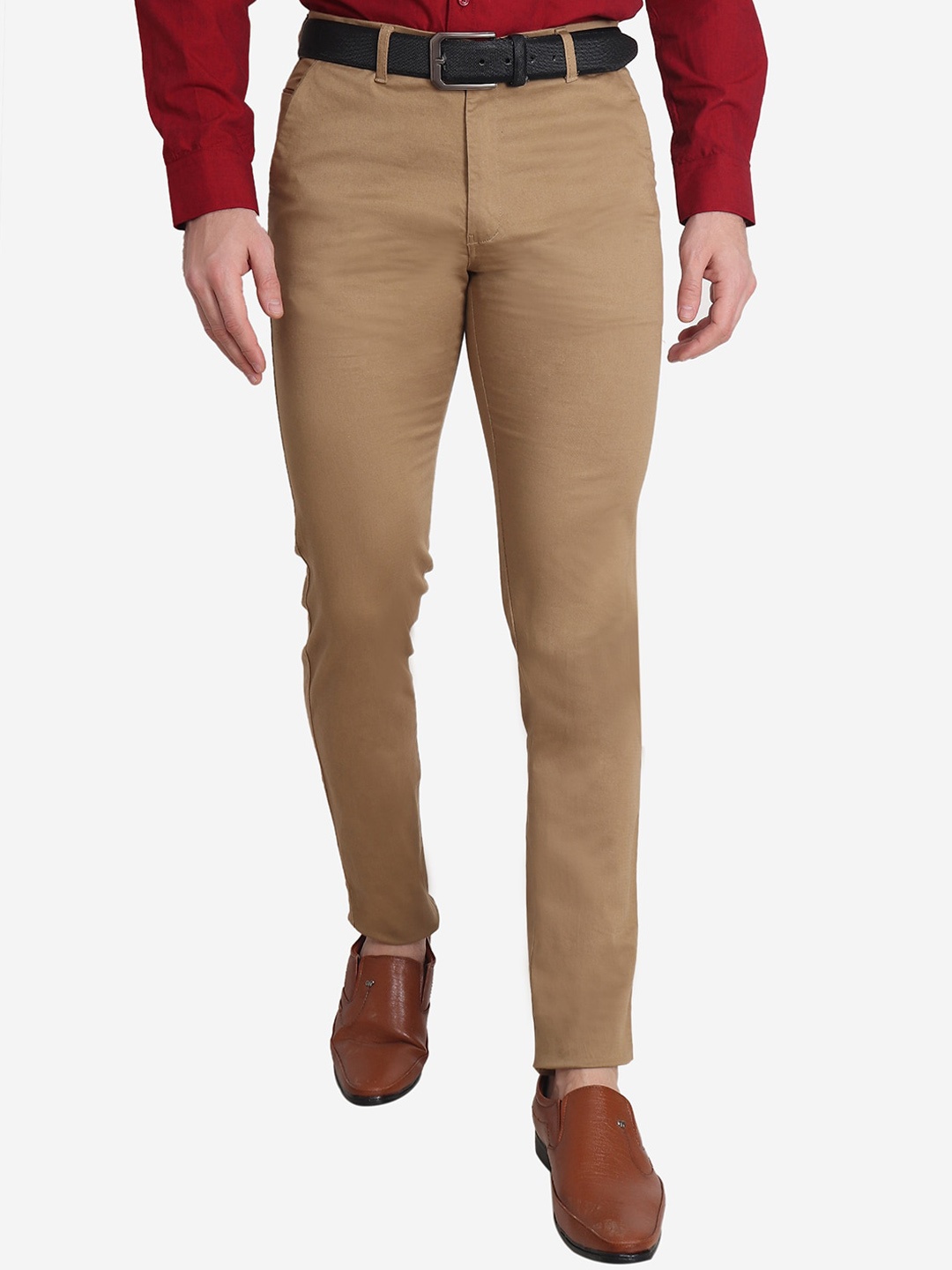 

POP CULTURE Men Mid-Rise Slim Fit Easy Wash Cotton Formal Trousers, Khaki