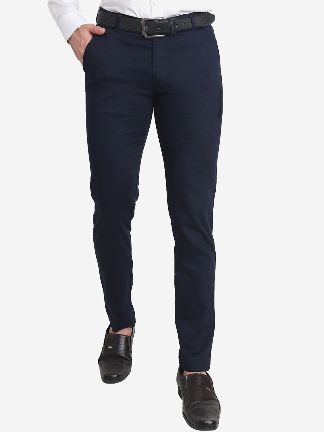 

POP CULTURE Men Mid-Rise Slim Fit Easy Wash Cotton Formal Trousers, Navy blue