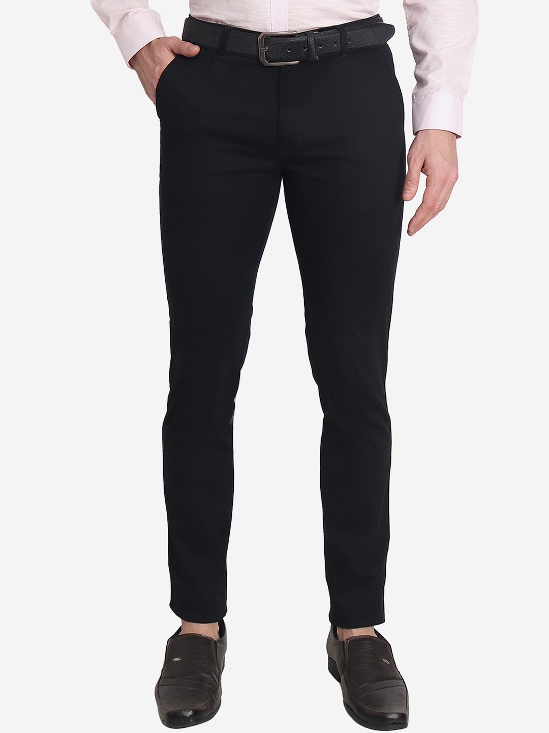 

POP CULTURE Men Mid-Rise Slim Fit Easy Wash Cotton Formal Trousers, Black