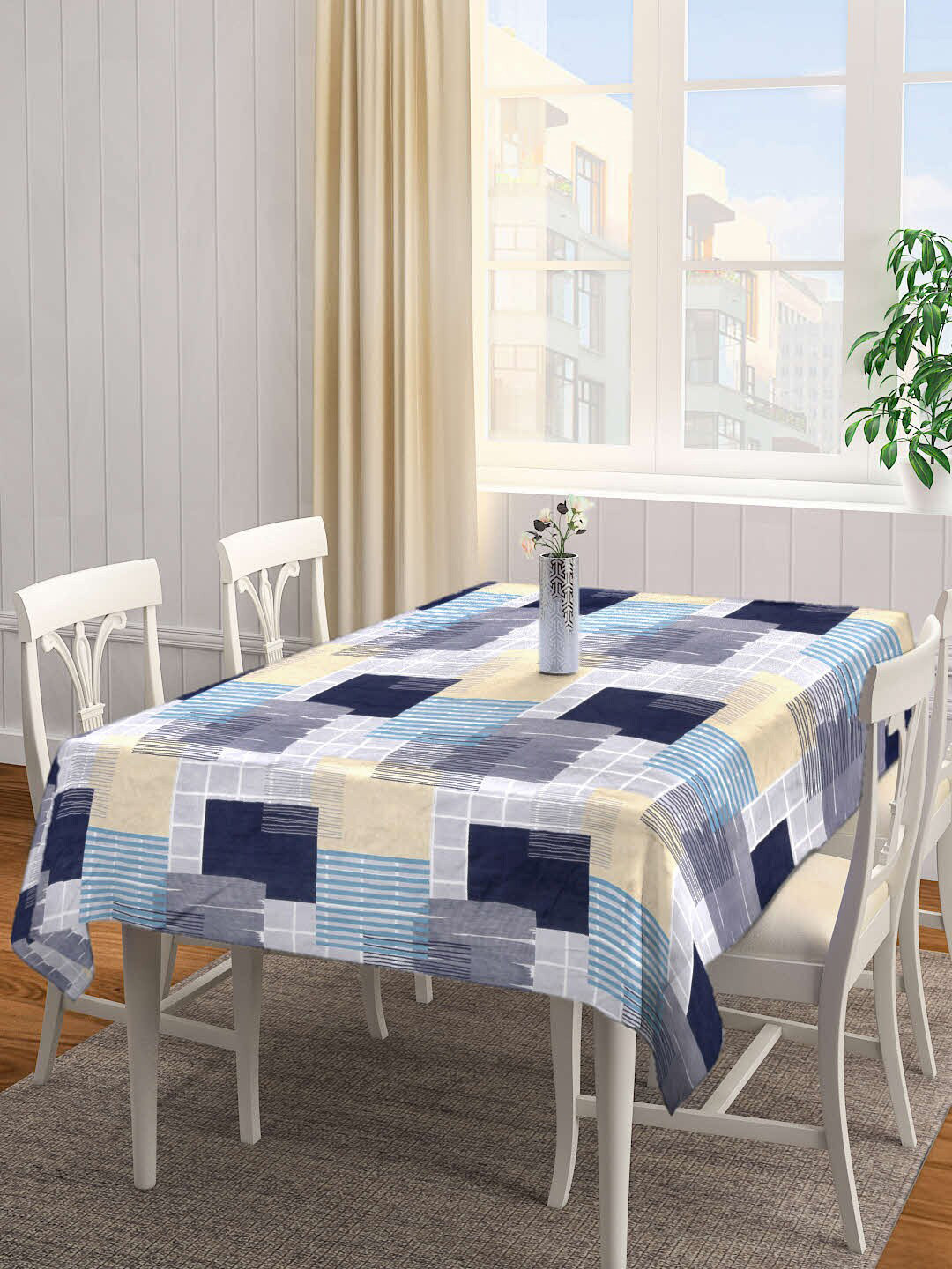 

FABINALIV Blue & Grey Geometric 300 TC Rectangular Cotton 6-Seater Table Cover