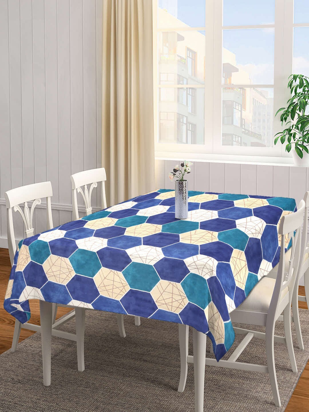 

FABINALIV Blue & Beige Geometric Printed 300 TC Rectangular 6-Seater Table Cover