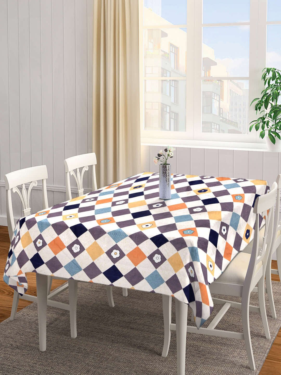 

FABINALIV Blue & White Geometric Printed 300TC Rectangular 6-Seater Table Cover