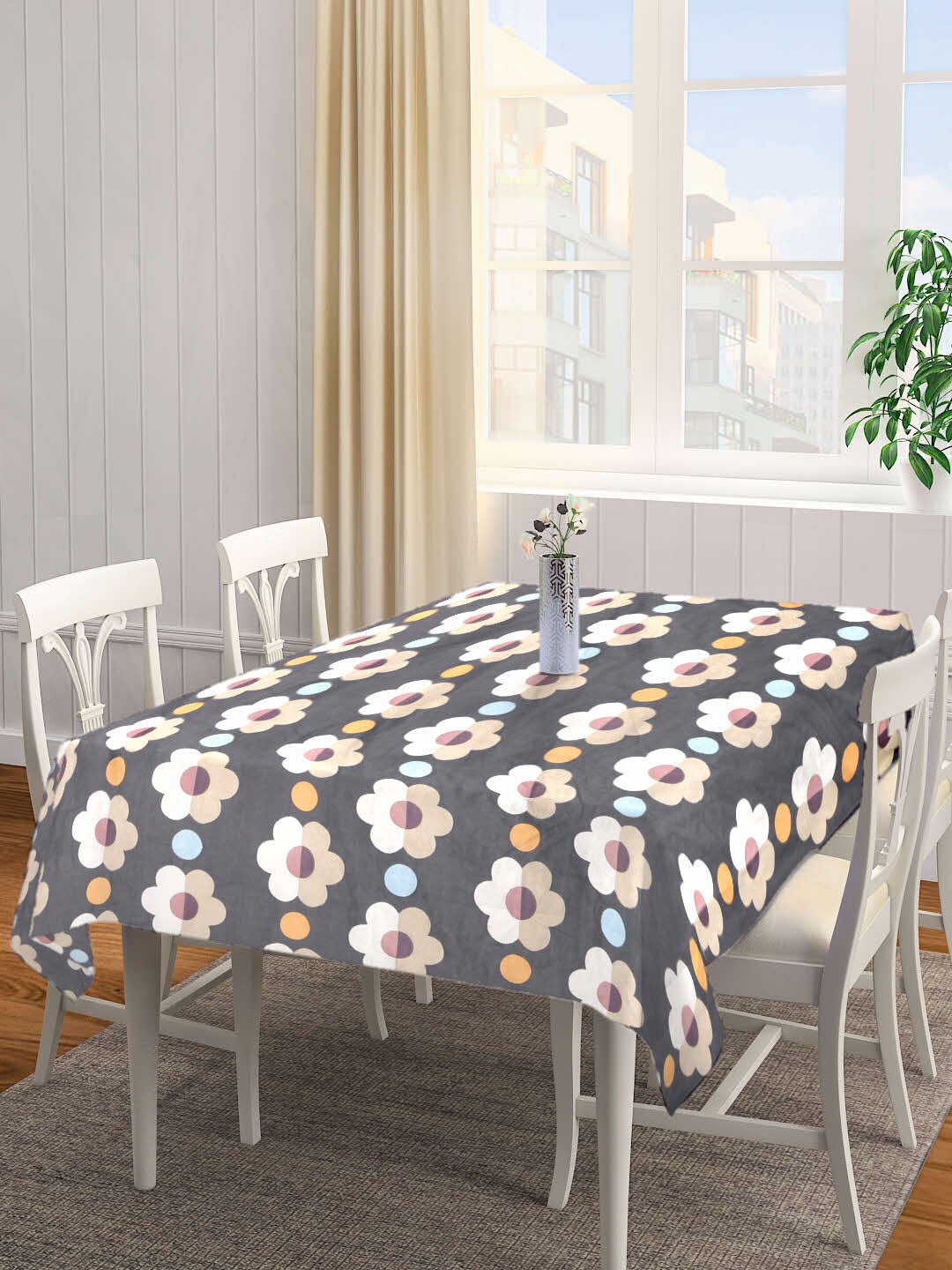 

FABINALIV Grey & Beige Floral Printed 300 TC Rectangular 6-Seater Table Cover
