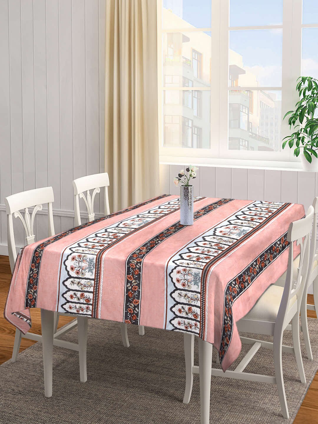 

FABINALIV Pink & White Ethnic Motif Printed 300 TC Rectangular 6-Seater Table Cover