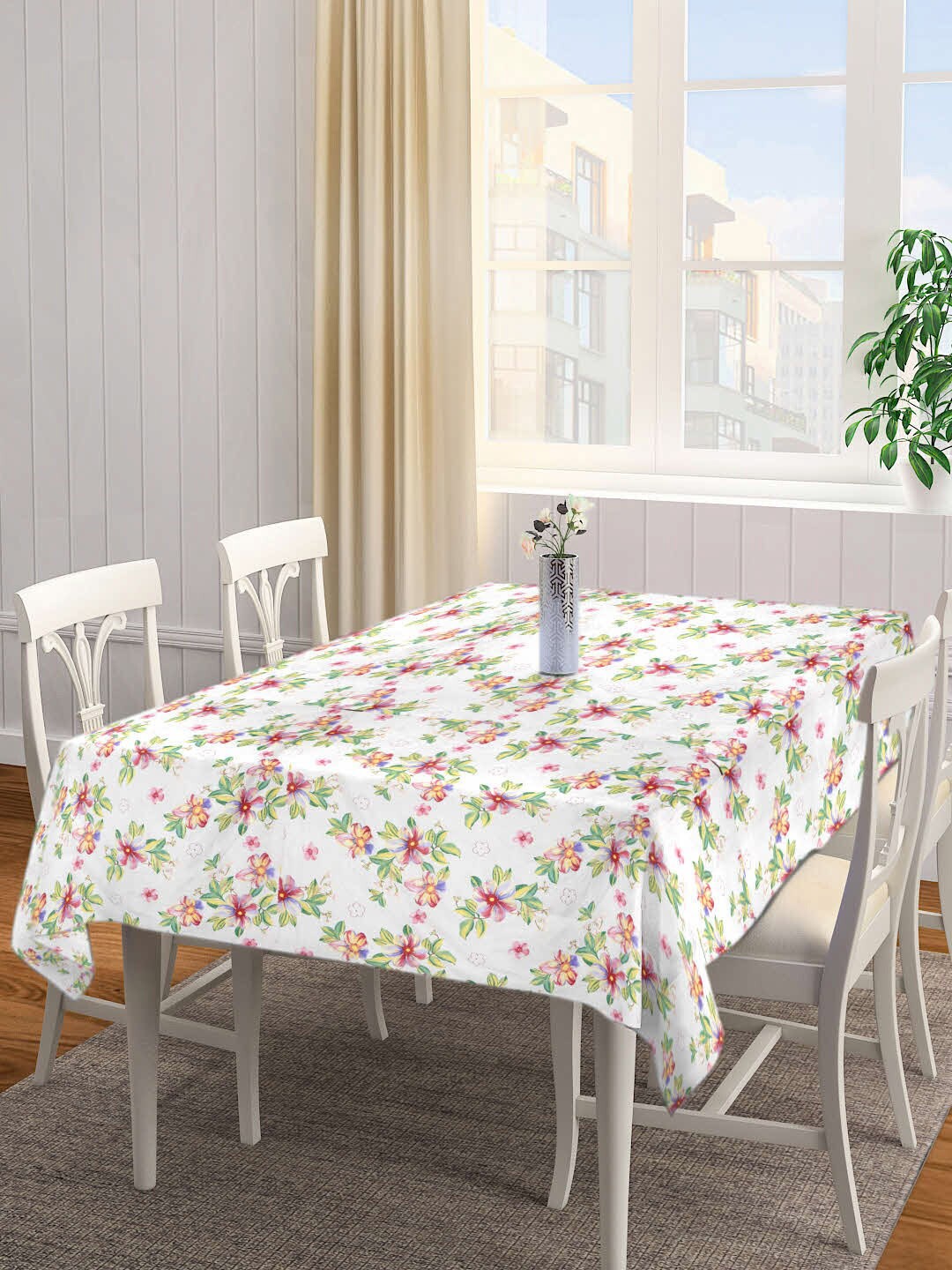 

FABINALIV White & Pink Floral Printed 300 TC Rectangular 6-Seater Table Cover