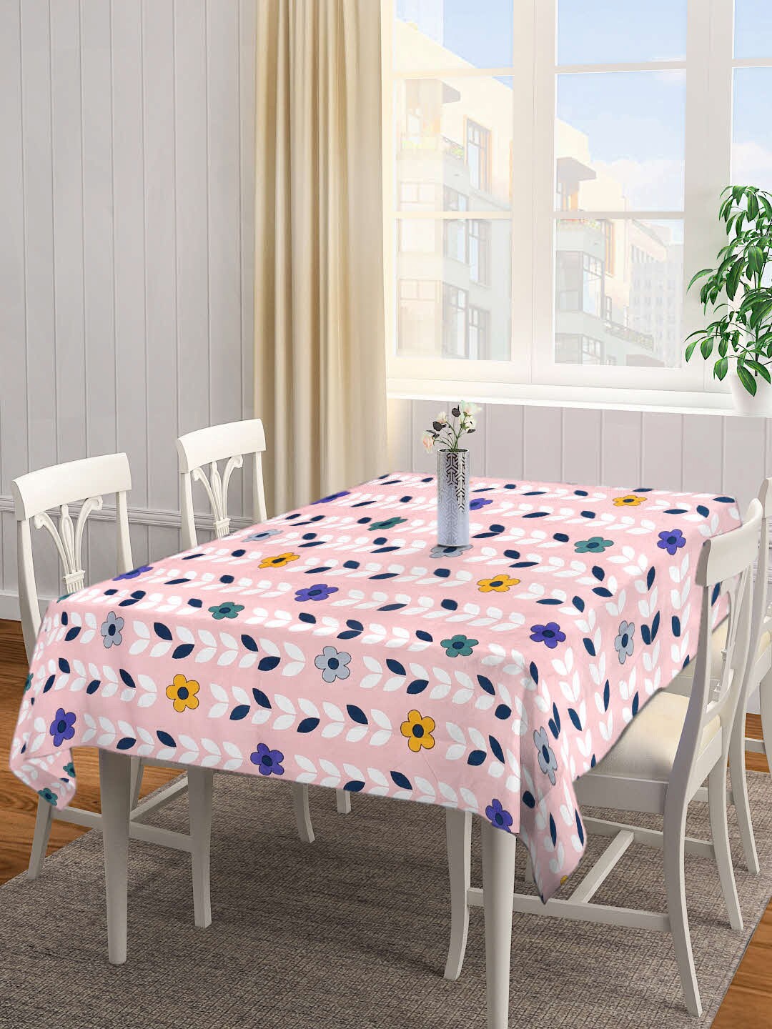 

FABINALIV Pink & White Floral Printed 300 TC Rectangular 6-Seater Table Cover