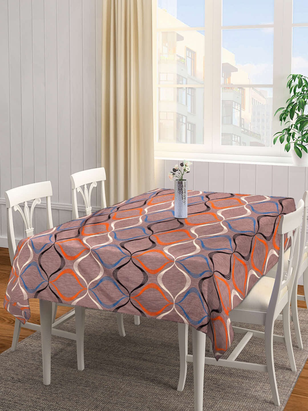 

FABINALIV Grey & Black Geometric Printed 300TC Rectangular 6-Seater Table Cover