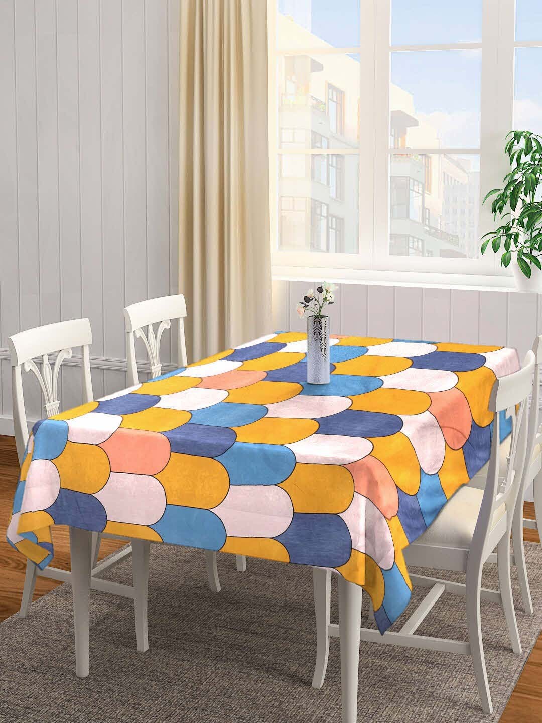 

FABINALIV Yellow & Blue Geometric Printed 300 TC Rectangular 6-Seater Table Cover