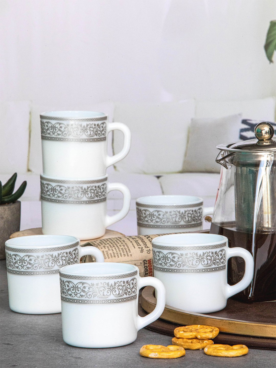 

Cello 6 Pieces White & Grey Printed Opalware Solitaire Glossy Mugs - 100 ml Each