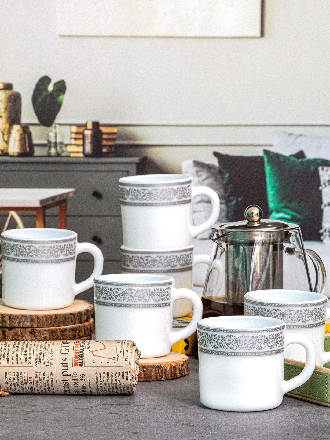 

Cello Solitaire Set of 12 White & Grey Argento Opalware glossy mug set- 180ml