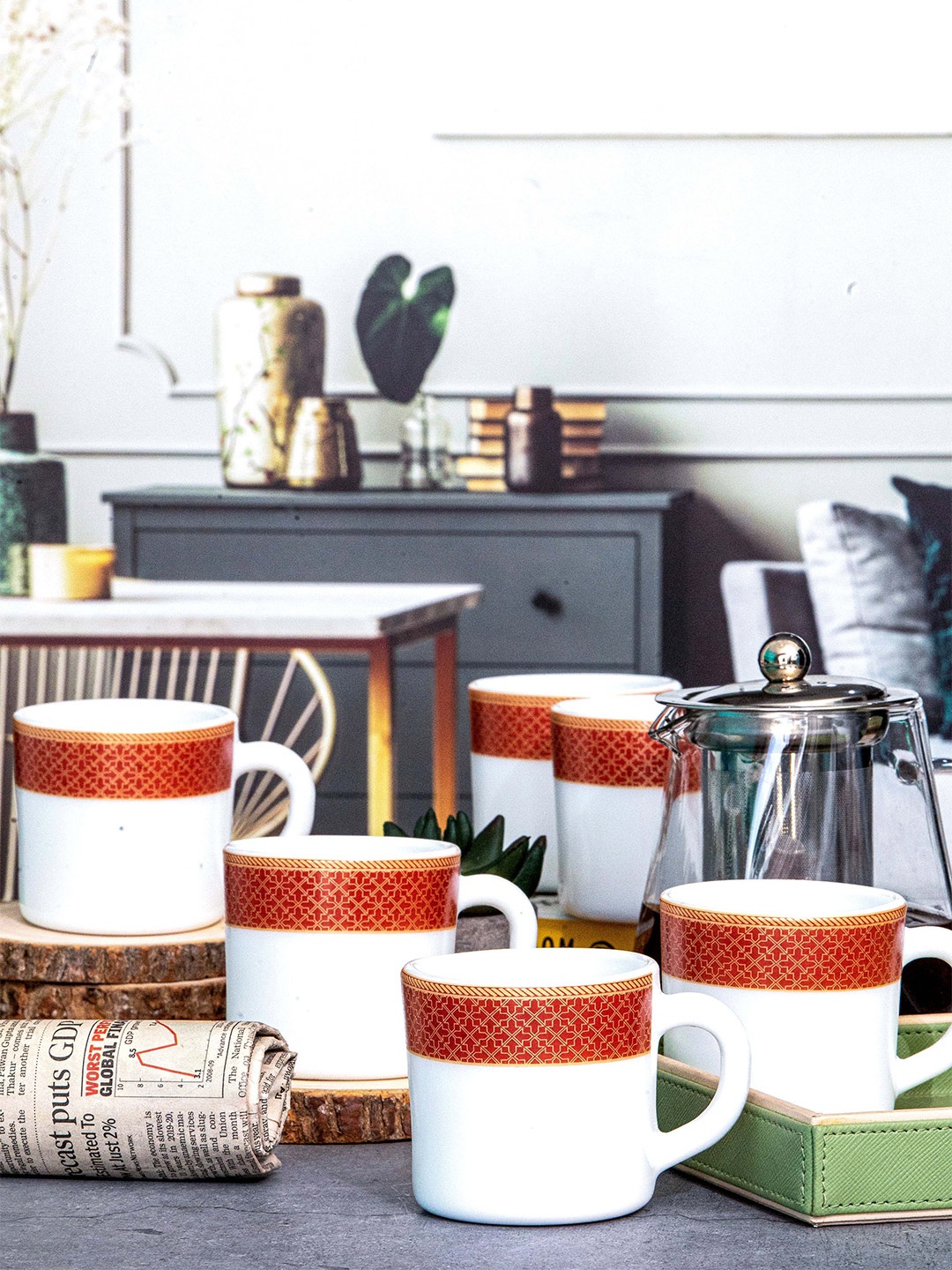 

Cello 6 Pieces White & Red Printed Opalware Solitaire Glossy Coffee Mugs 180 ml Each