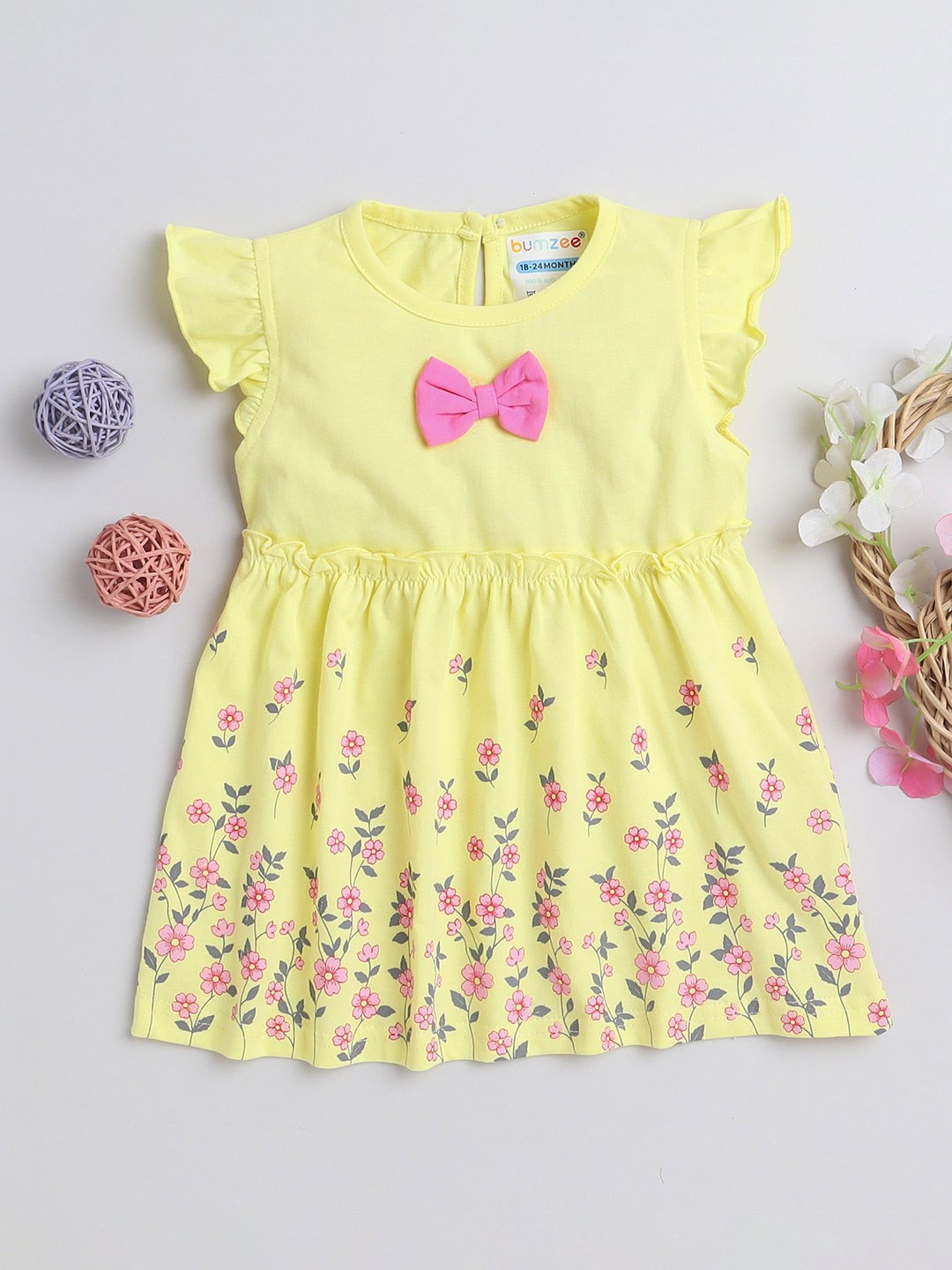 

BUMZEE Yellow Floral Print Flutter Sleeve Fit & Flare Dress