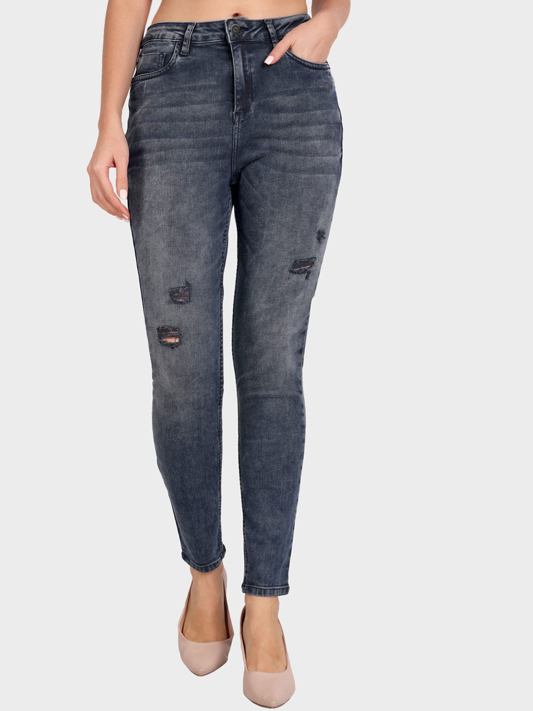 

Roadster Women Grey Skinny-Fit High-Rise Mildly Distressed Light Fade Denim Jeans