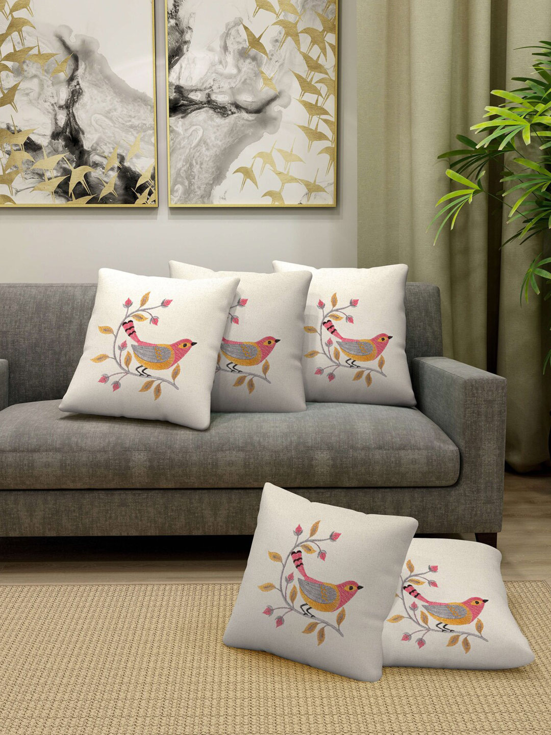 

FABINALIV Off White & Pink 5 Pieces Cotton Embroidered Square Cushion Covers