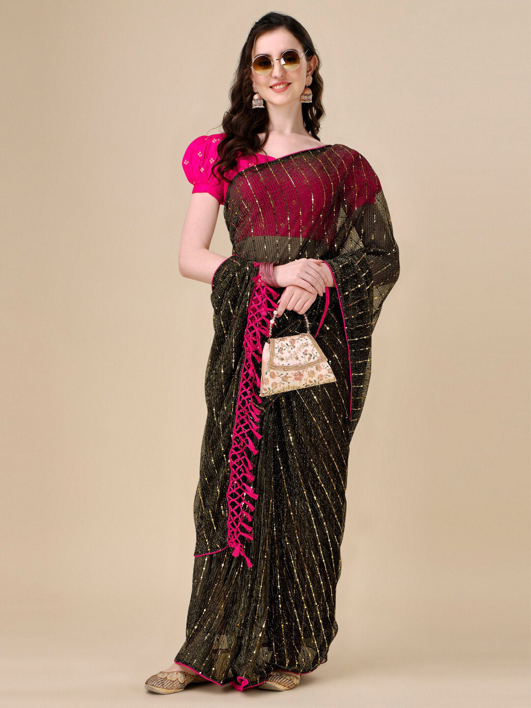 

KALINI Sequin Embellished Saree, Olive