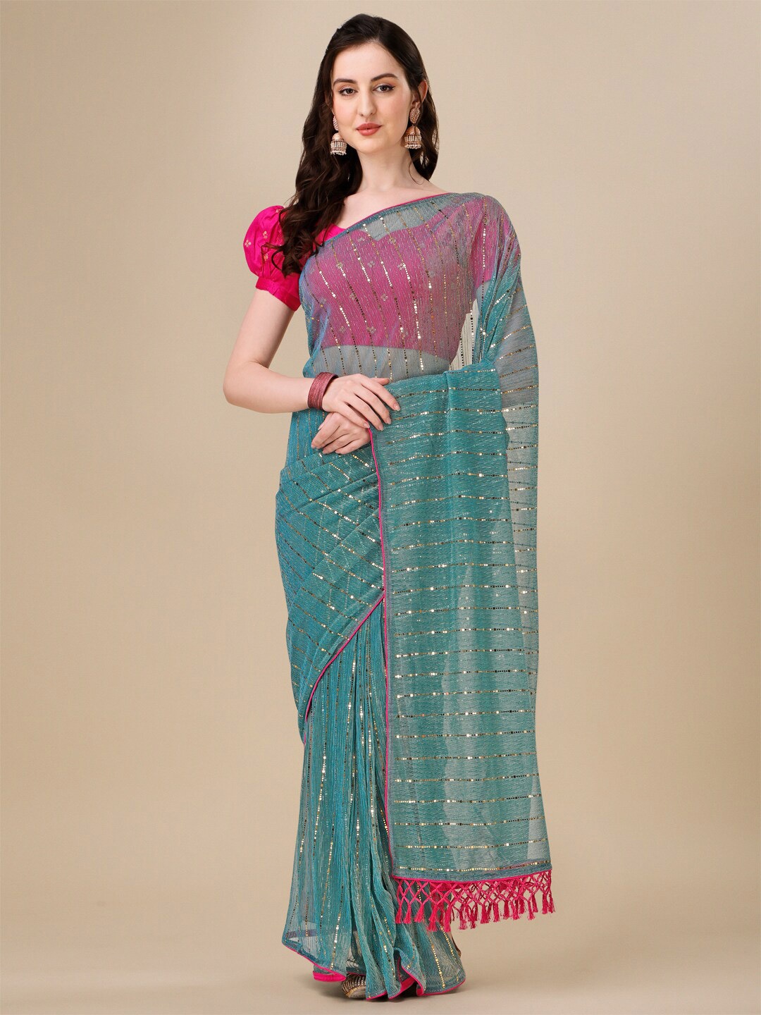 

KALINI Sequin Embellished Saree, Turquoise blue