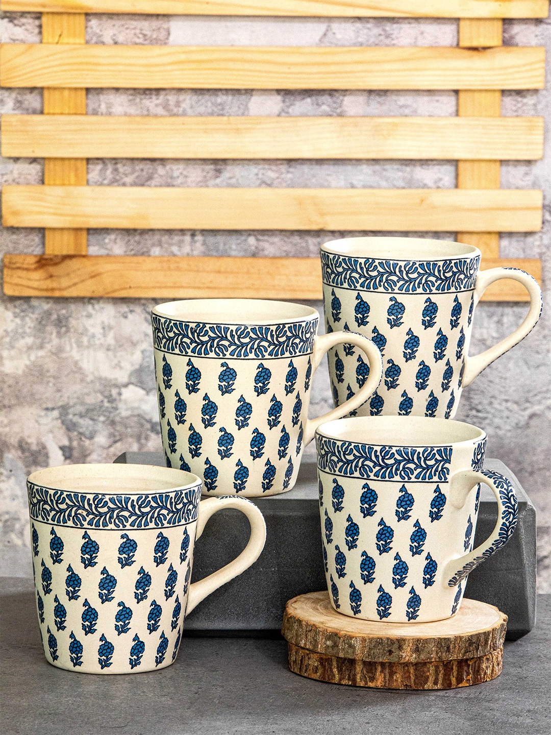 

GOODHOMES White & Blue 4 Pieces Printed Stoneware Glossy Coffee Mugs 310 ml