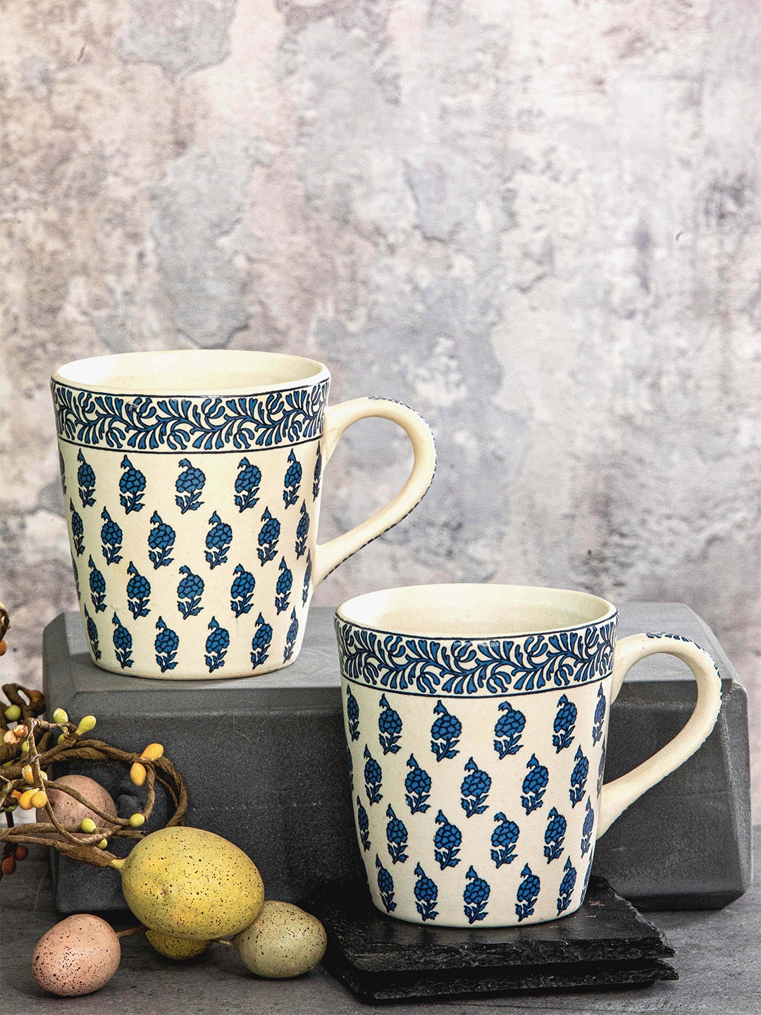 

GOODHOMES White & Blue 2 Pieces Printed Stoneware Glossy Mugs-310ml