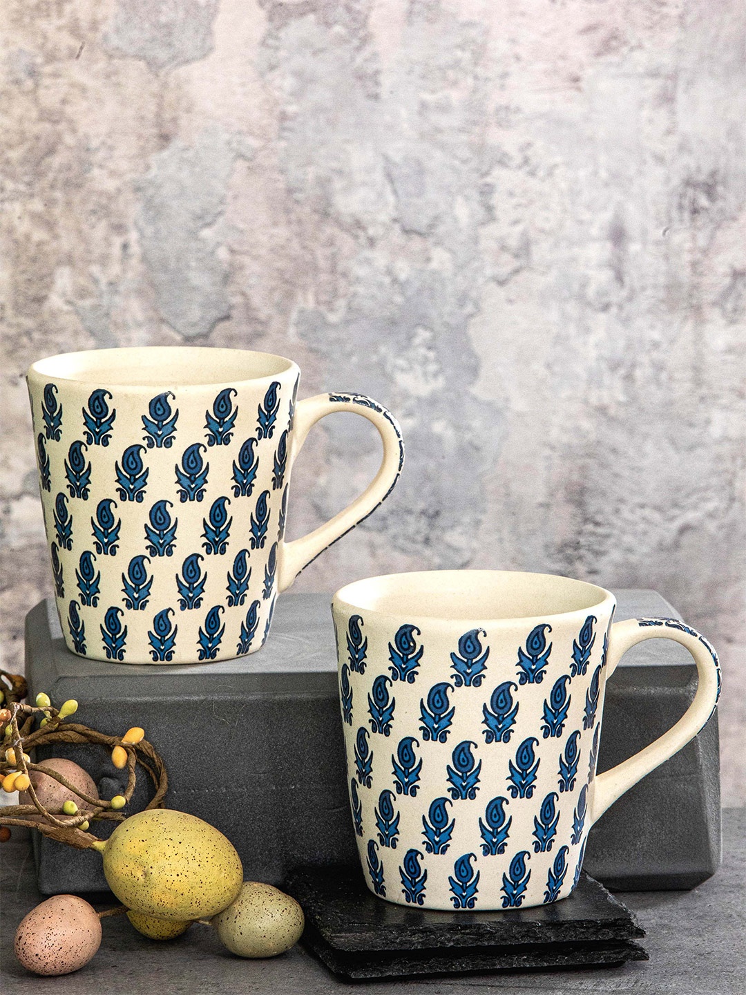 

GOODHOMES Off White & Blue 2 Pieces Printed Stoneware Glossy Mugs - 310 ML Each
