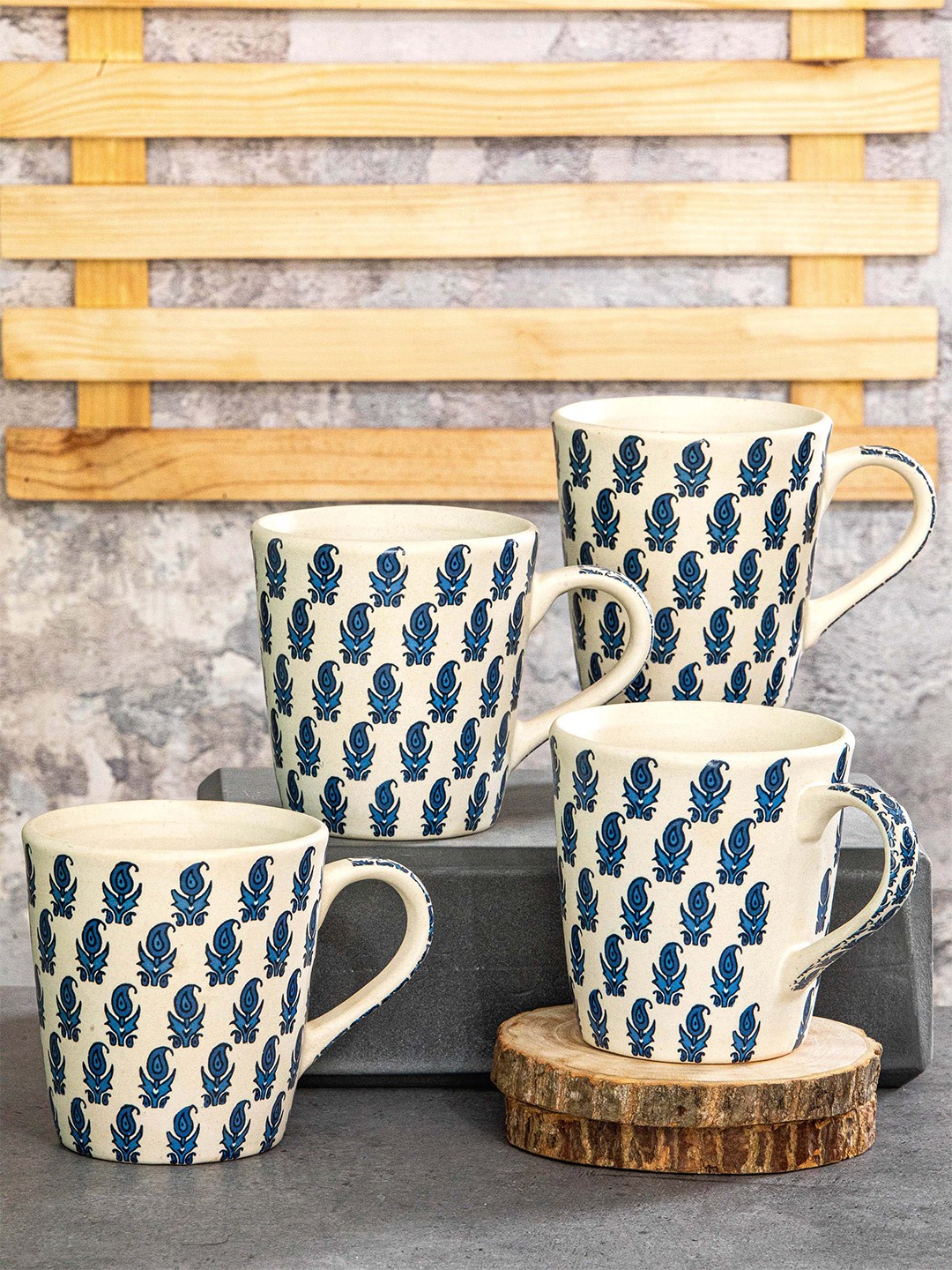 

GOODHOMES Off White & Blue 4 Pieces Printed Stoneware Glossy Mugs - 310 ML Each