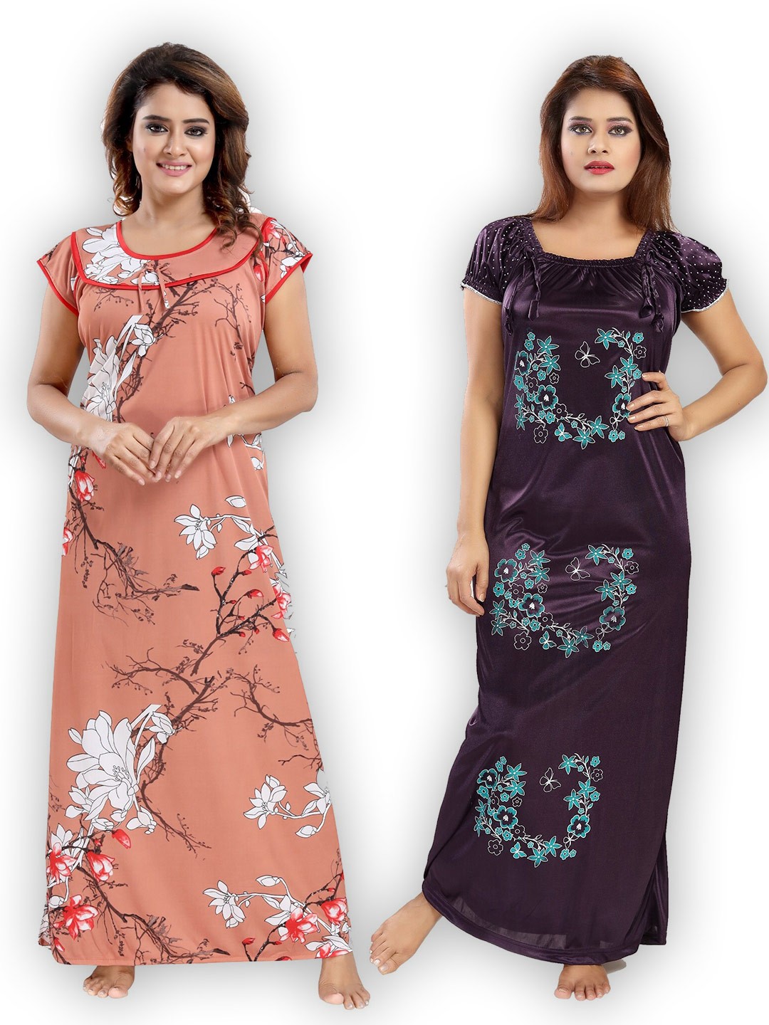 

SHOPPING STATION Pack Of 2 Floral Printed Satin Maxi Nightdress, Purple