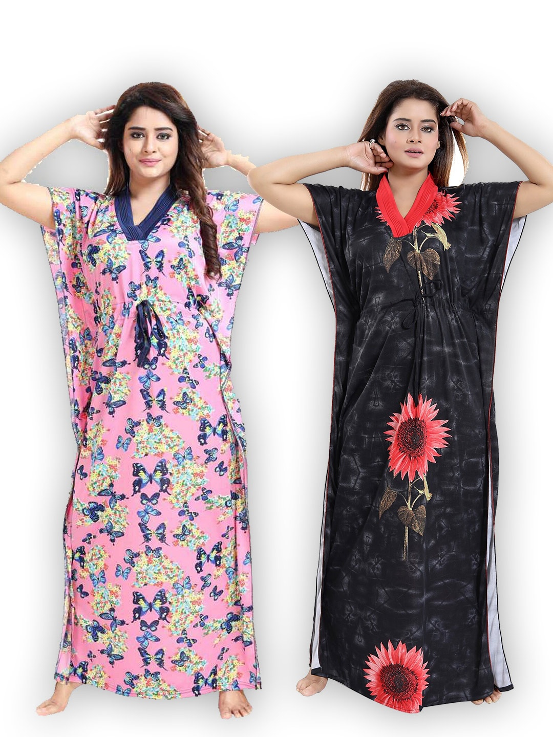 

SHOPPING STATION Pack Of 2 Floral Printed Satin Maxi Kaftan Nightdress, Black