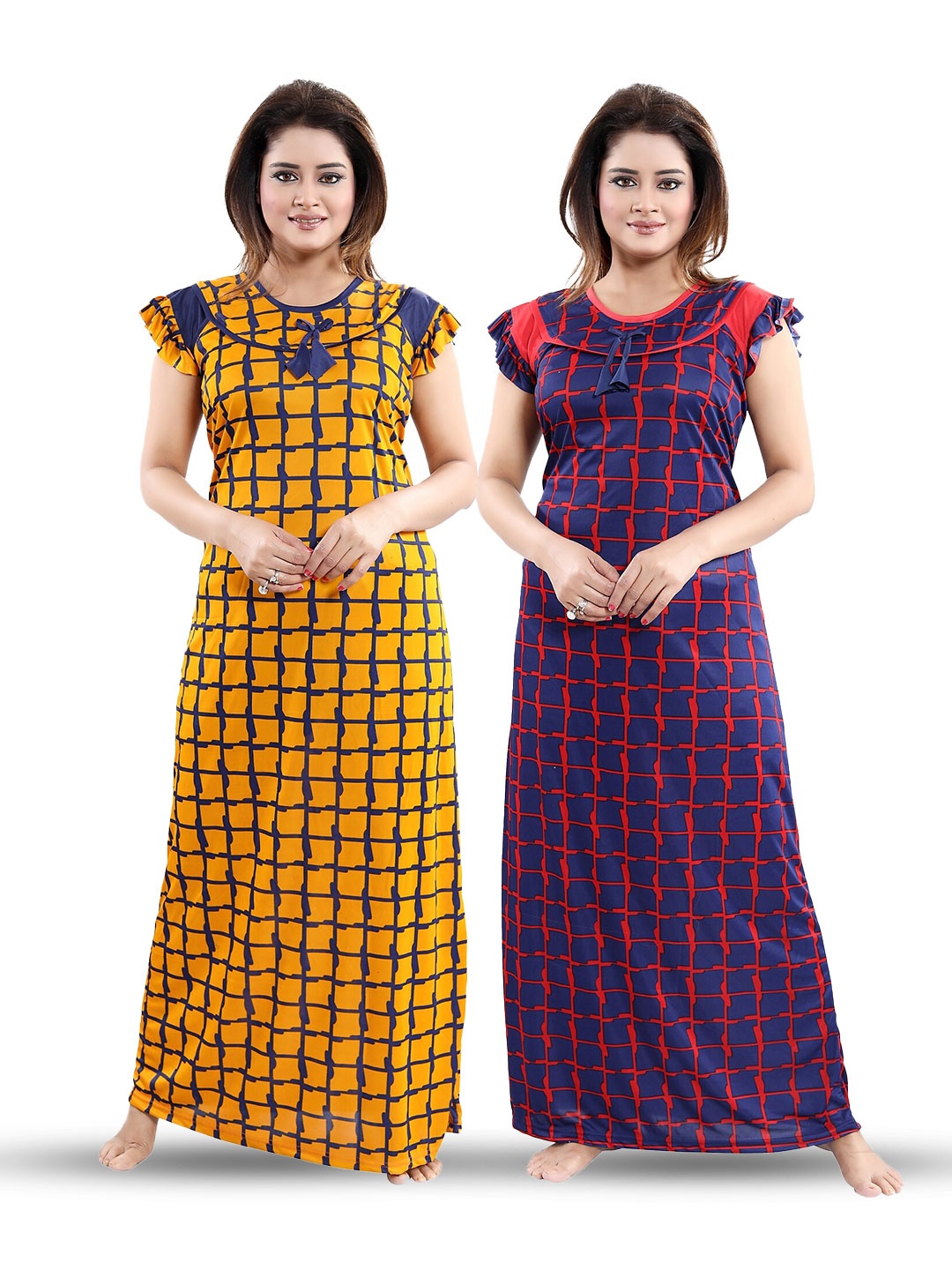 

SHOPPING STATION Pack Of 2 Checked Satin Maxi Nightdress, Yellow