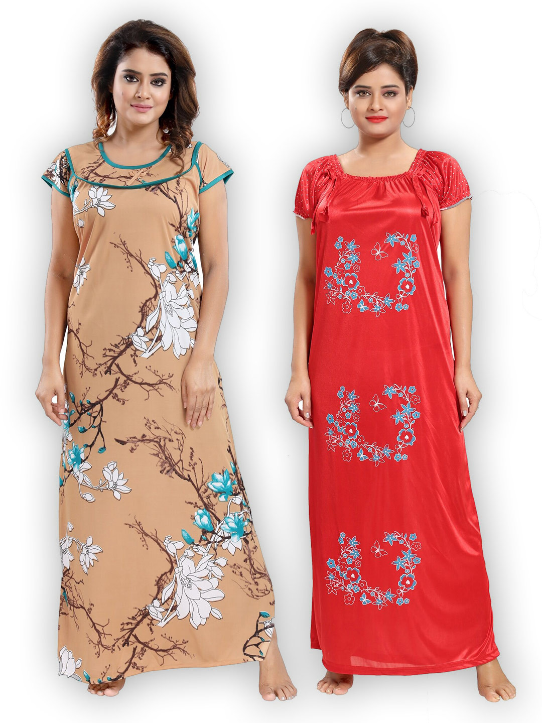 

SHOPPING STATION Pack Of 2 Floral Printed Satin Maxi Nightdress, Brown