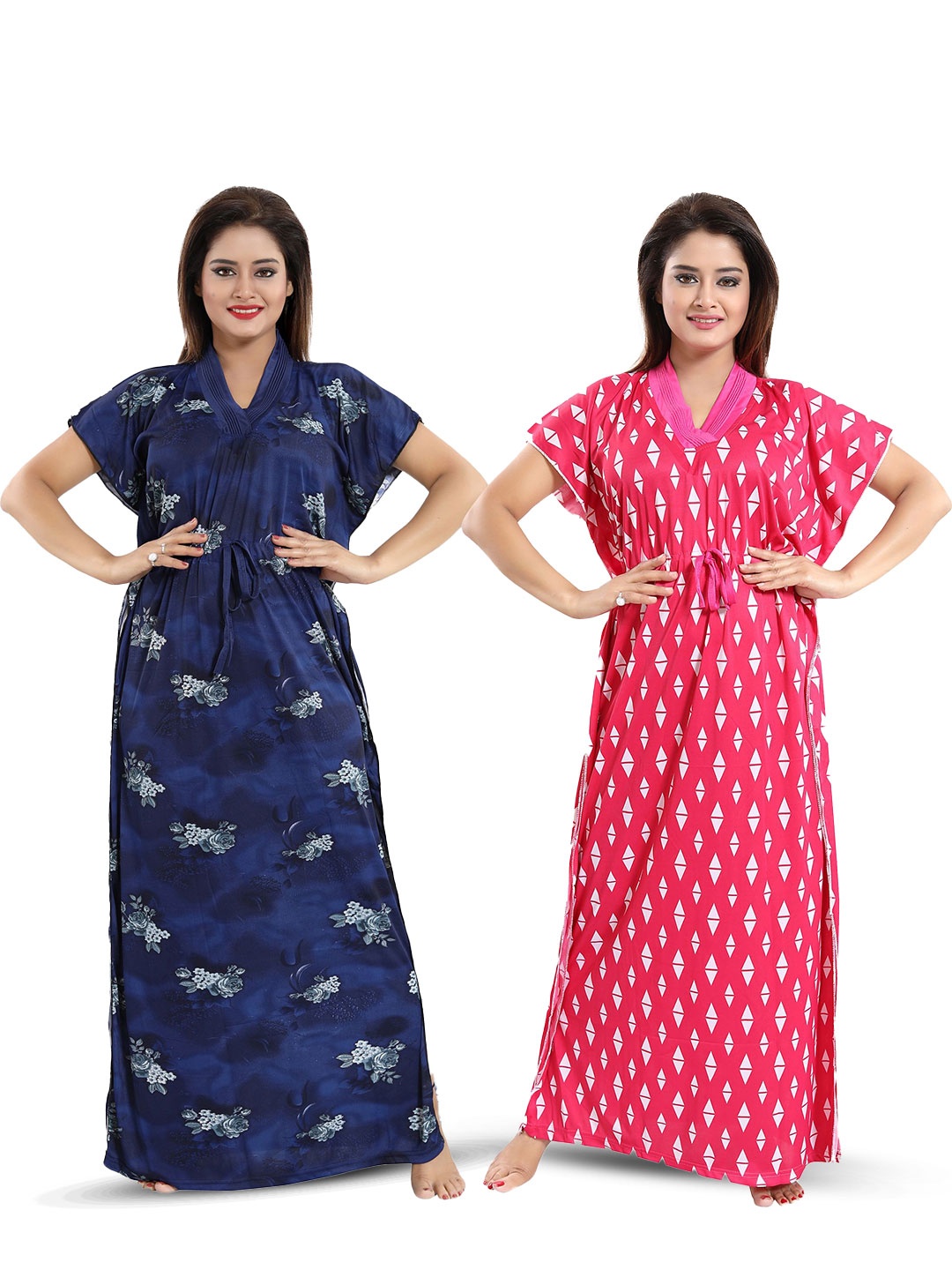 

SHOPPING STATION Pack Of 2 Floral Printed Satin Kaftan Maxi Nightdress, Blue